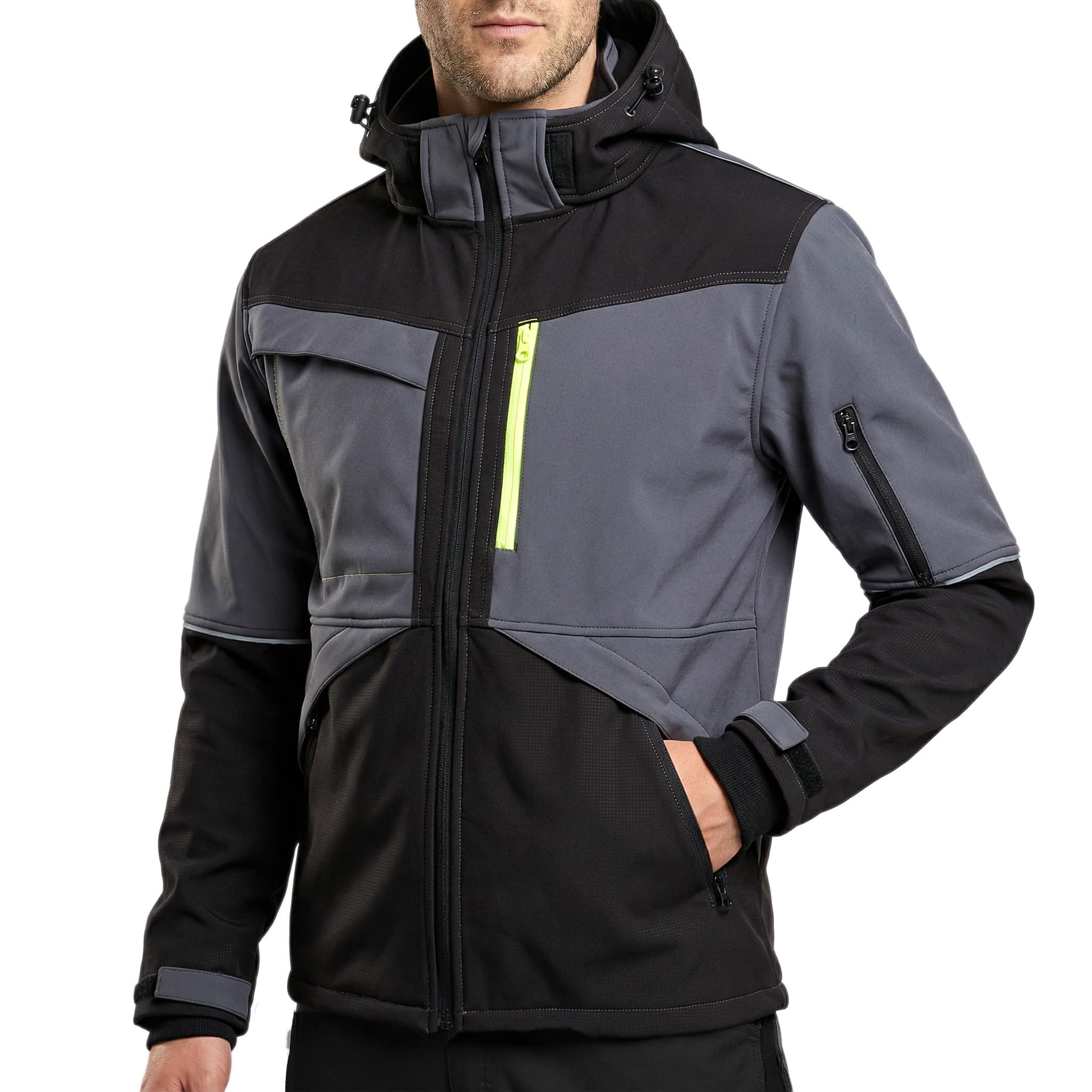 Stenso Prisma Veste de Travail Homme Softshell Étanche avec Capuche Amovible - Veste Randonnée Homme Stretch avec Poche Poitrine Cachée, Poches Latérales Scratch, Fermeture Poignets