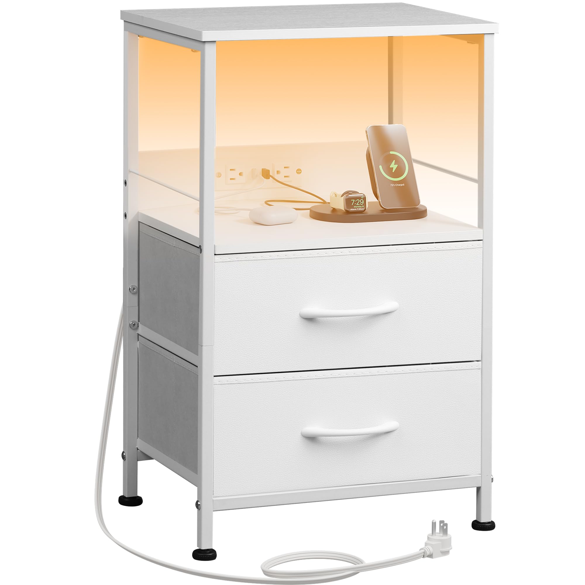 WLIVE White Night Stand with Charger Station, LED Nightstand with 2 Fabric Drawers and Storage Shelf, Bedside Table with 3 USB Ports and 2 Outlets, Small Dresser for Bedroom