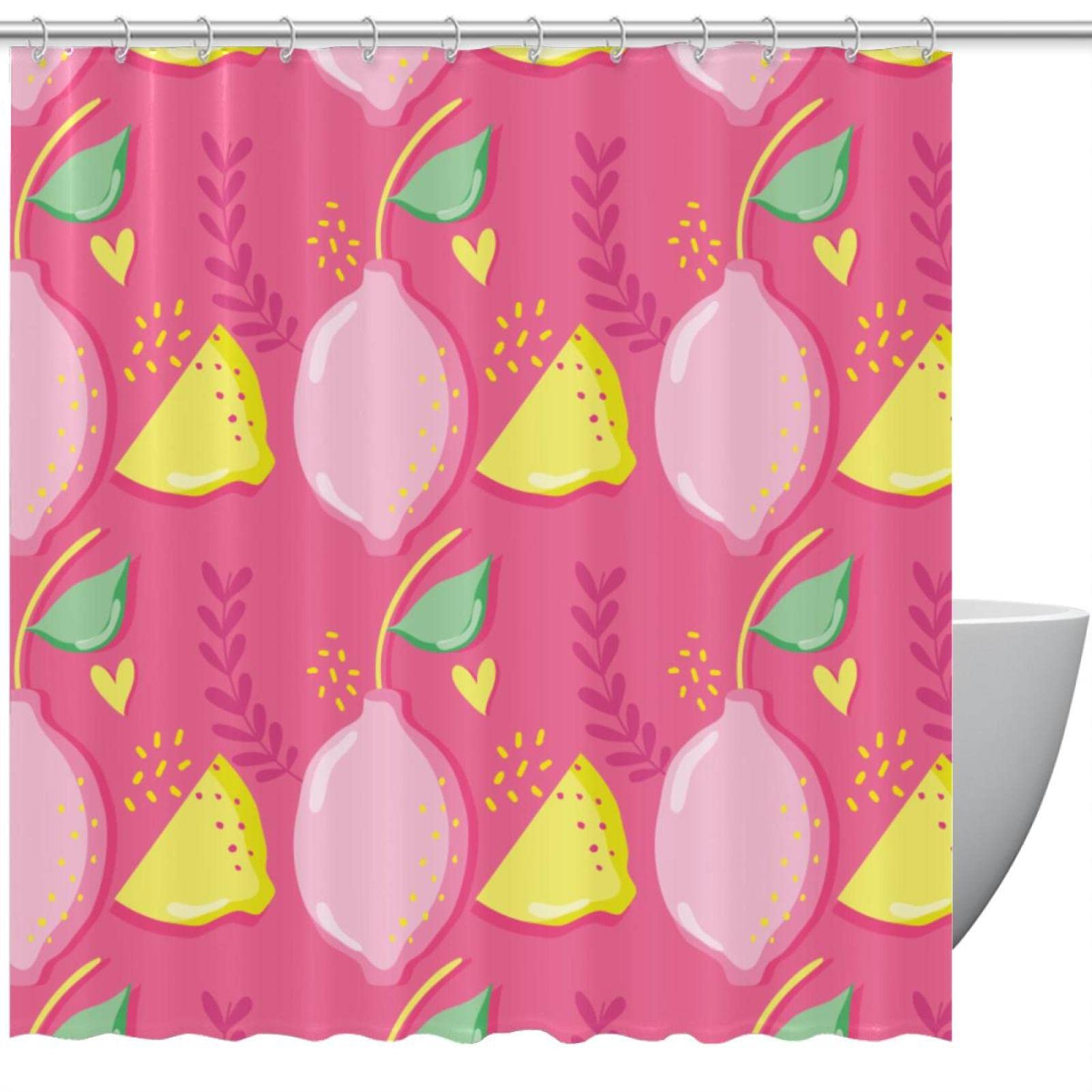 Rideau de douche citrons roses pastel en tissu imperméable et lavable