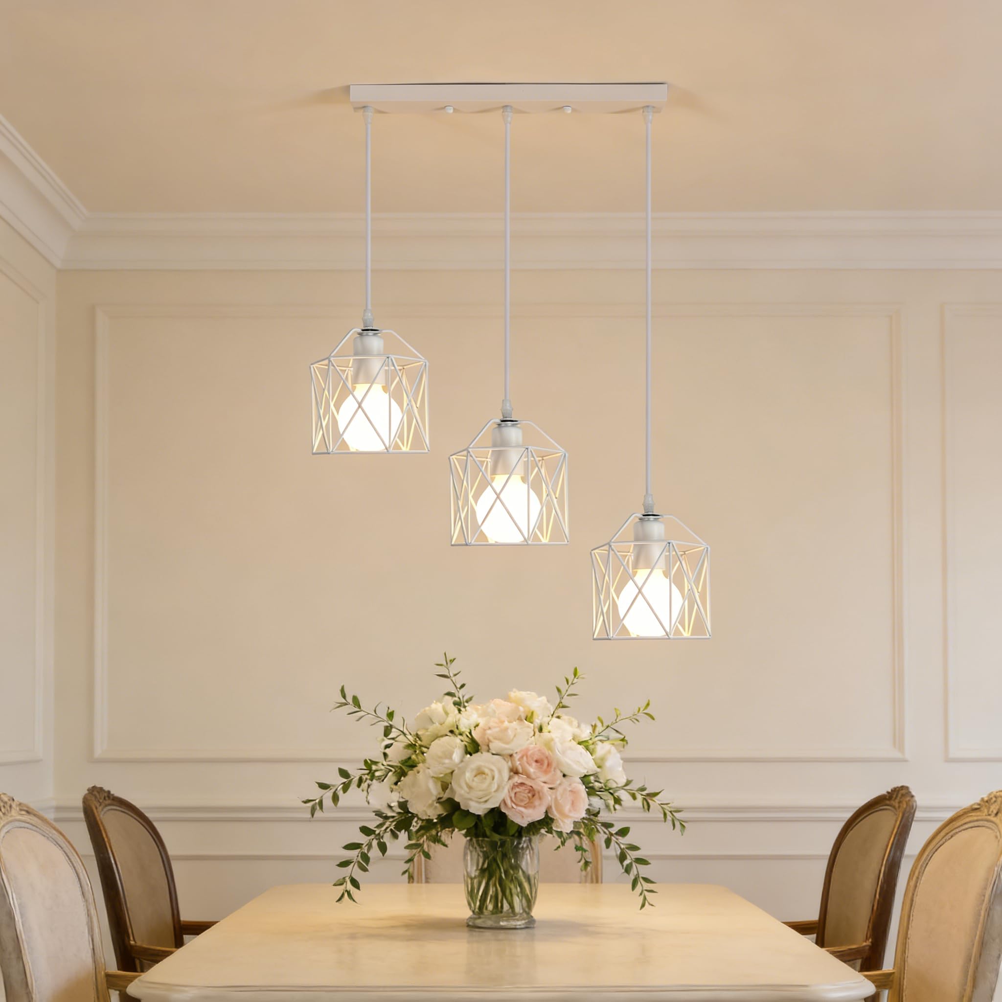 3 Luci Lampada a Sospensione Vintage, E27 Lampadario Industriale | Bianco Metallo, Lampadario da Soffitto Moderno a Forma di Gabbia per Camera da Letto, Cucina, Sala da Pranzo Soggiorno