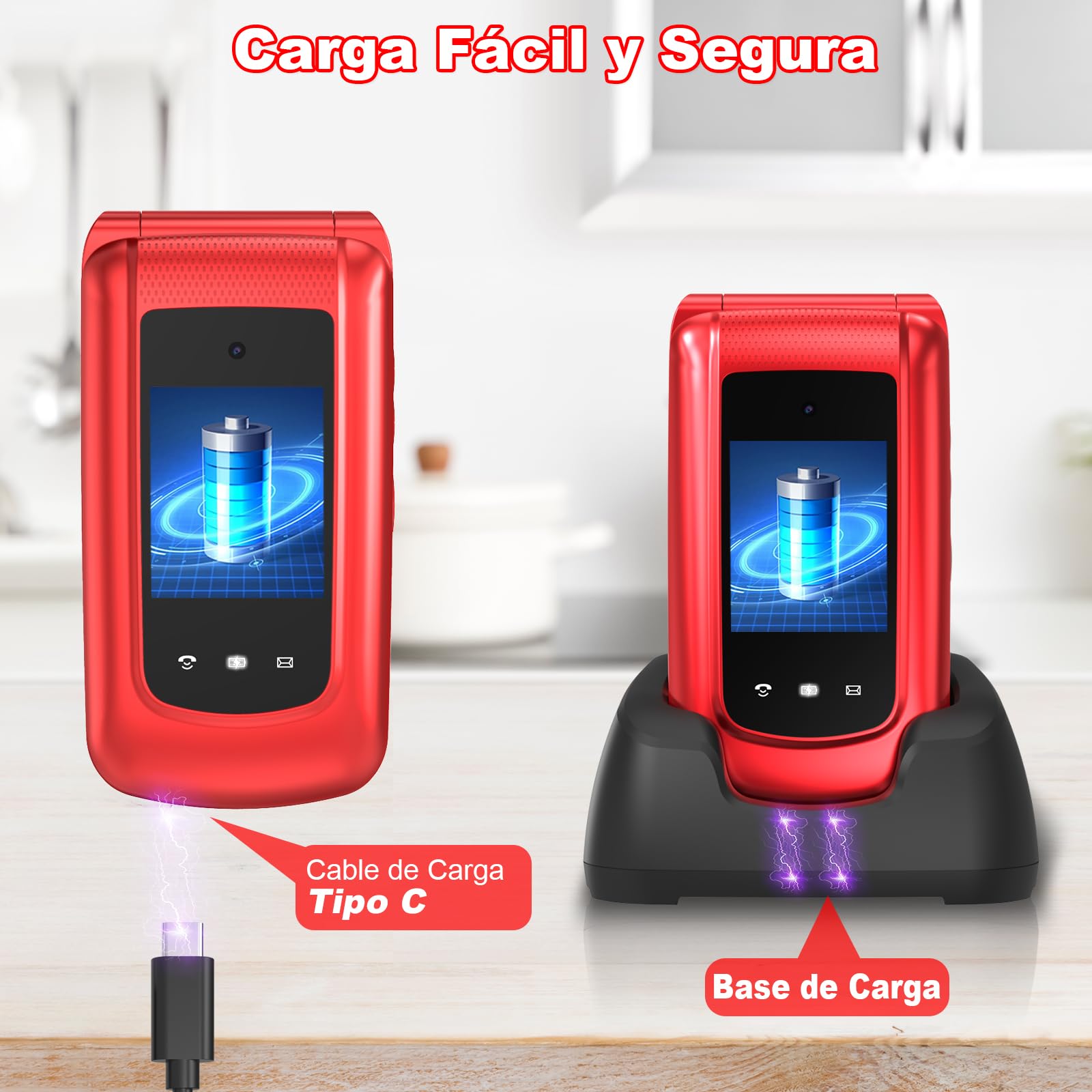 USHINING Teléfono Móvil 4G para Personas Mayores, Teléfono Móvil con Tapa Teclas Grandes Botón SOS Pantalla Doble de 2,4 y 1,77 Pulgadas Doble SIM USB-C Despertador Base de Carga, Fácil de Usar, Rojo