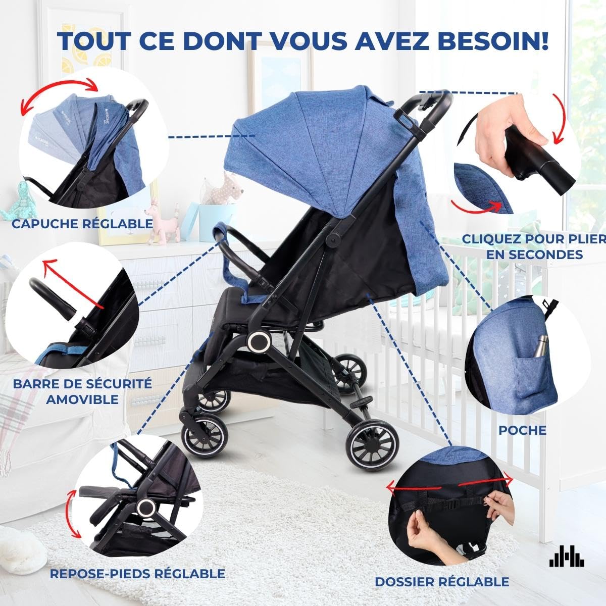 Mobiclinic® kids, Poussette, Ultra-compacte, Trip, Harnais 5 points, Barre de portage, Panier, 0-36 mois, Entièrement réglable, Poignée unique, Capot rabattable, Freins verrouillables