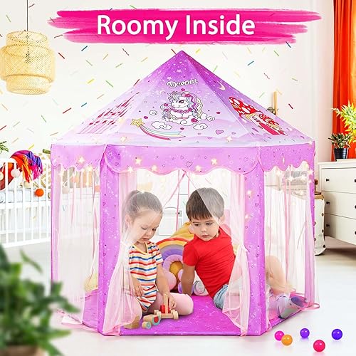 Vista 61 de Monobeach Tienda de campaña de princesa para niñas, casa de juegos grande, castillo para niños, tienda de campaña con luces de estrella, juguete