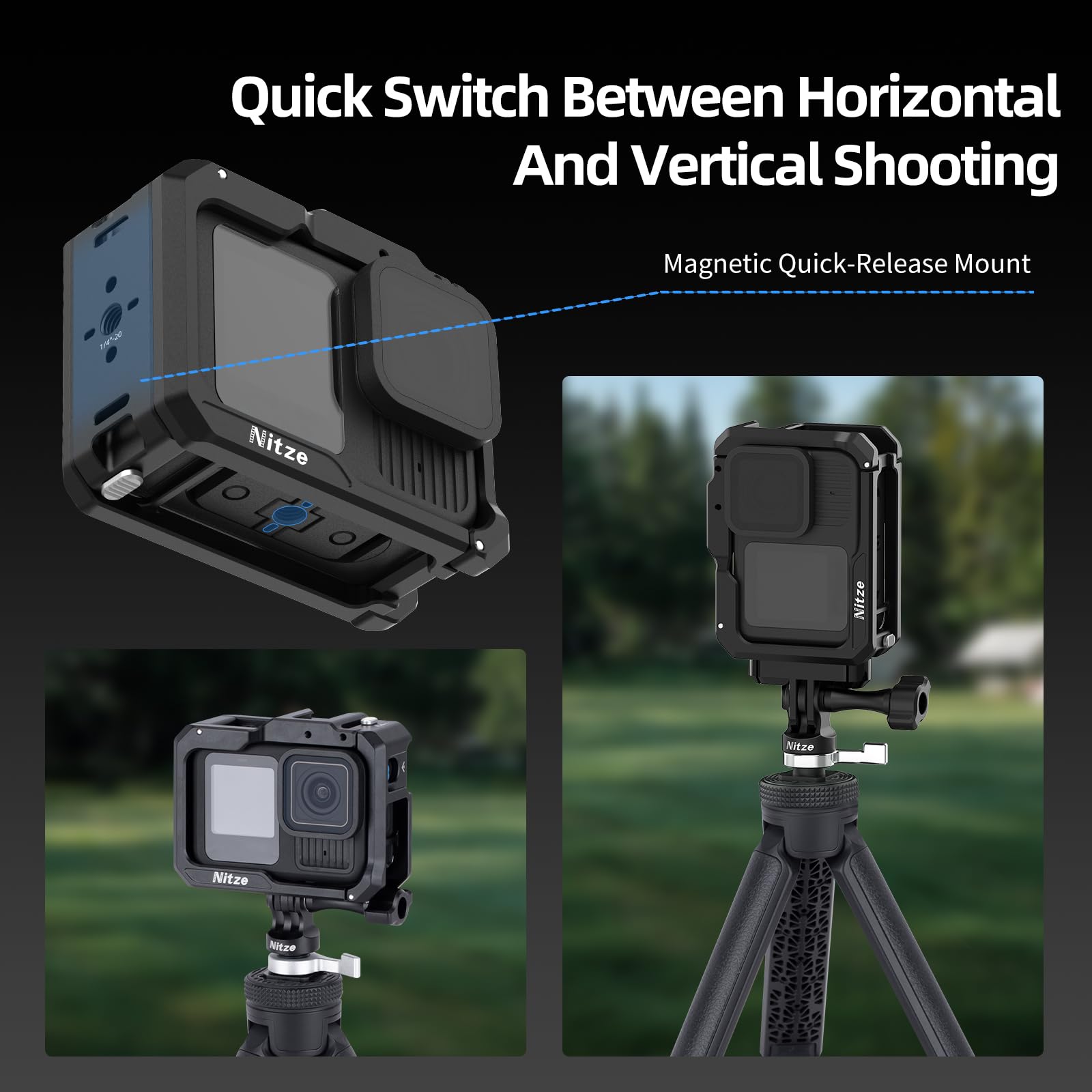 Nitze カメラケージ GoPro Hero 11用 ブラック - T-GP01A 並行輸入品 Nitze Cage for GoPro HERO 13⁄12 ⁄ 11⁄10 ⁄ 9 Camera, Camera Cage with  Magnetic Interface, 1⁄4\" Threaded Holes and 2 Cold Shoe for Microphone and  LED