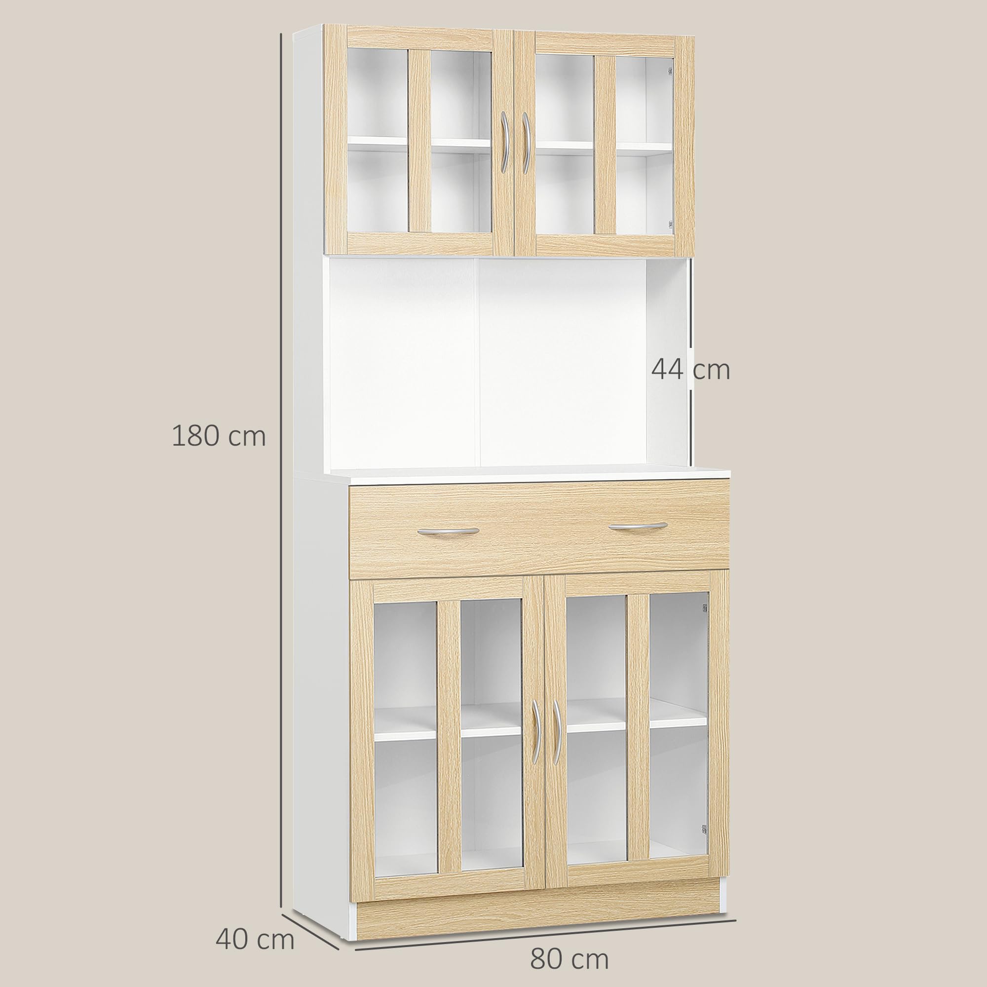 HOMCOM Alacena de Cocina Alta, Mueble Auxiliar de Cocina, con 4 Puertas de Vidrio, Encimera Abierta para Microondas, Cajón, Estantes Ajustables, 80x40x180 cm, Blanco y Natural