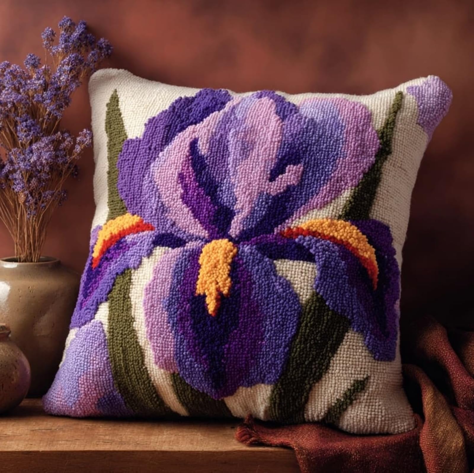 AxiangziK Latch Hook Cushion Kit 43x43cm,Beautiful iris Complete Needlecraft Set with Pre-Cut Yarn & Tools,Creative Home Decor Gift for All Ages