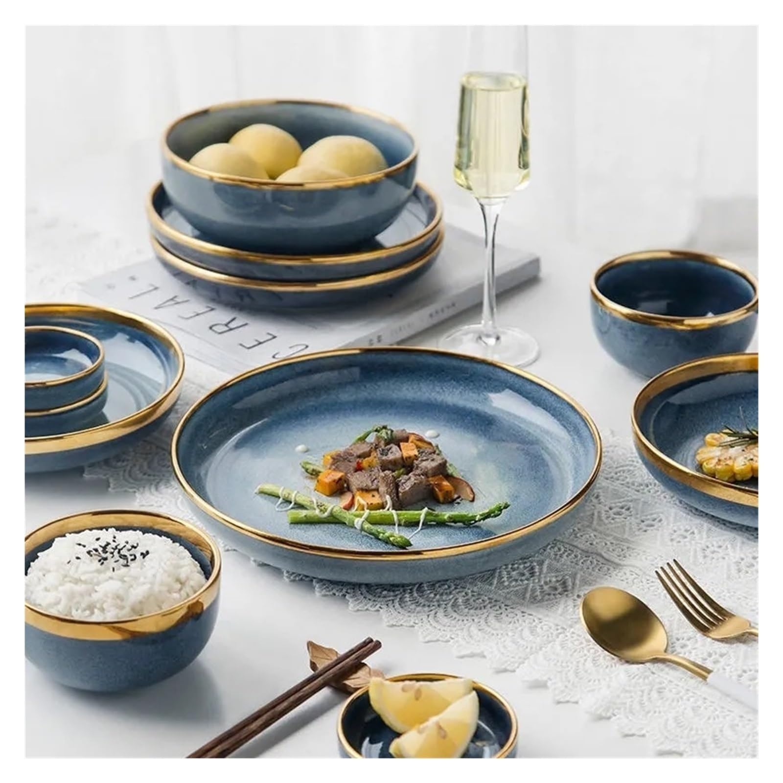 Keramik-Geschirr-Set – 19,1 cm tiefe Teller, Serviergeschirr, Dessertteller, Steakteller, Salat- und Suppenschalen – komplettes Geschirr für Zuhause