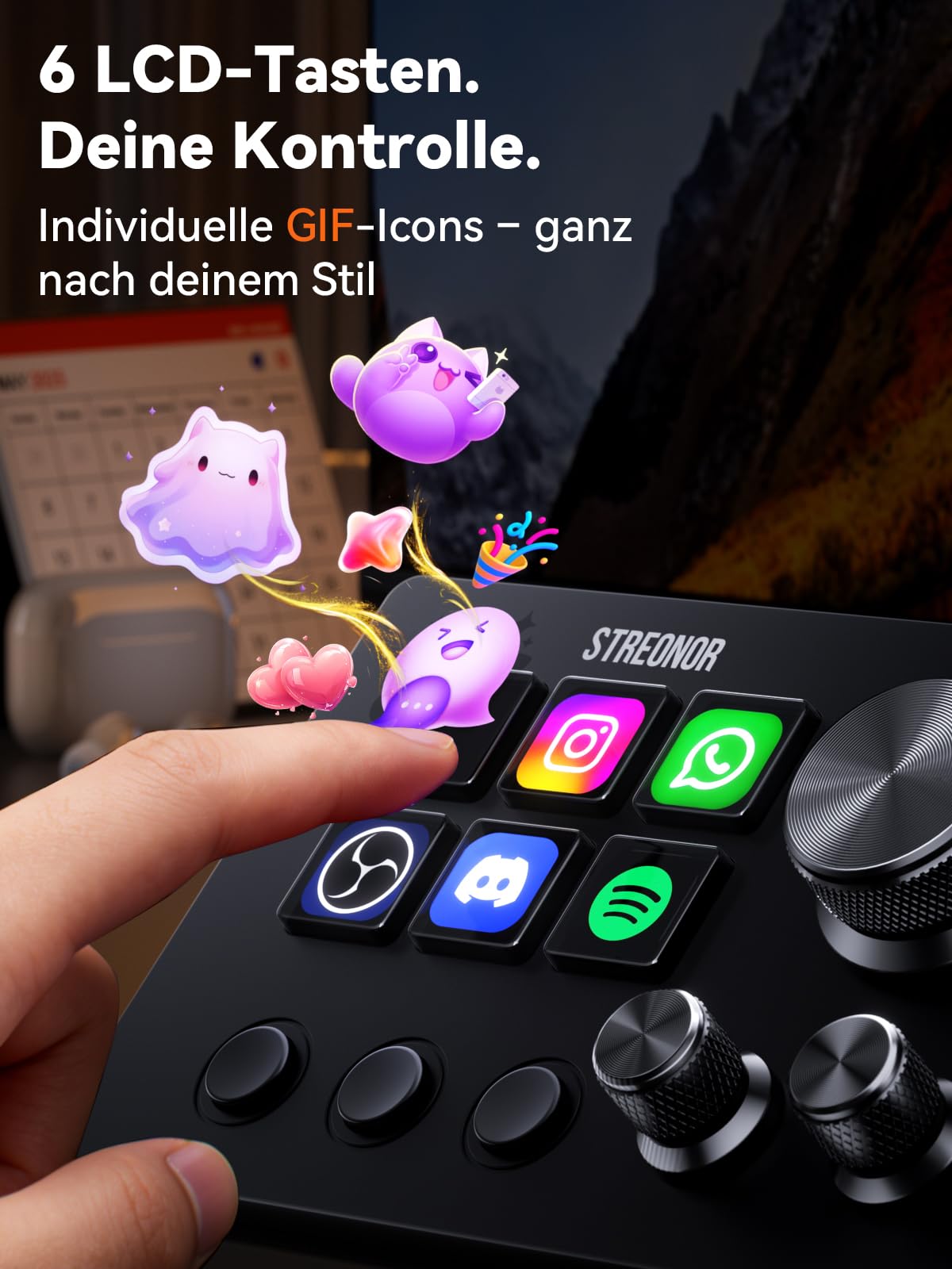 STREONOR Stream Controller Mini S6 mit 6 anpassbaren LCD-Makro-Tasten, 3 Drehreglern und 3 Szenentasten für OBS, Twitch, YouTube, Content Creators, Streaming & Gaming, kompatibel mit PC & Mac, Schwarz