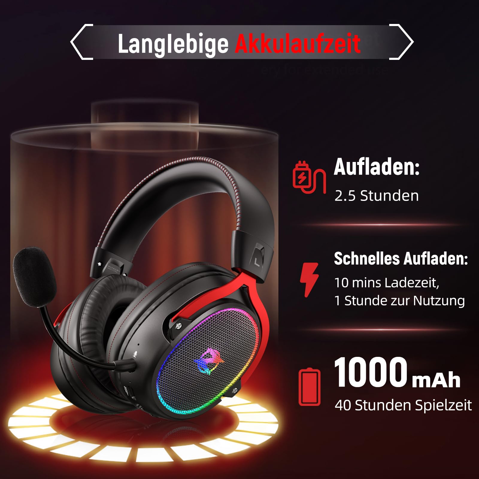 Ozeino Casque de Jeu sans Fil 2,4 GHz, Son Surround 7.1, ENC, Microphone Amovible avec réduction du Bruit, pour Casque PS4/PC/PS5 avec Microphone, Noir et Rouge