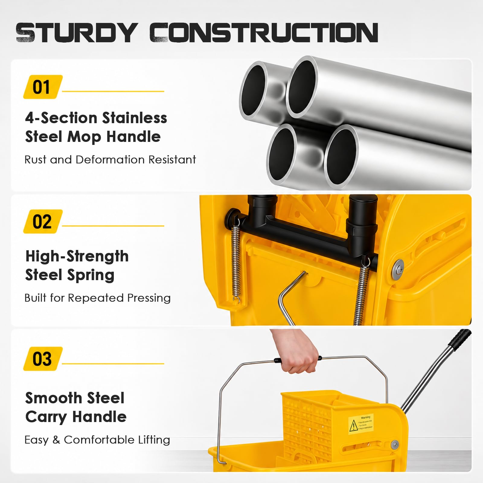 Set di mocio industriale e secchio da 20 litri su ruote, strizzatore commerciale Kentucky con 3 teste per mocio, manico lungo 148 cm e ruote silenziose, pulizia resistente per scuole, ristoranti