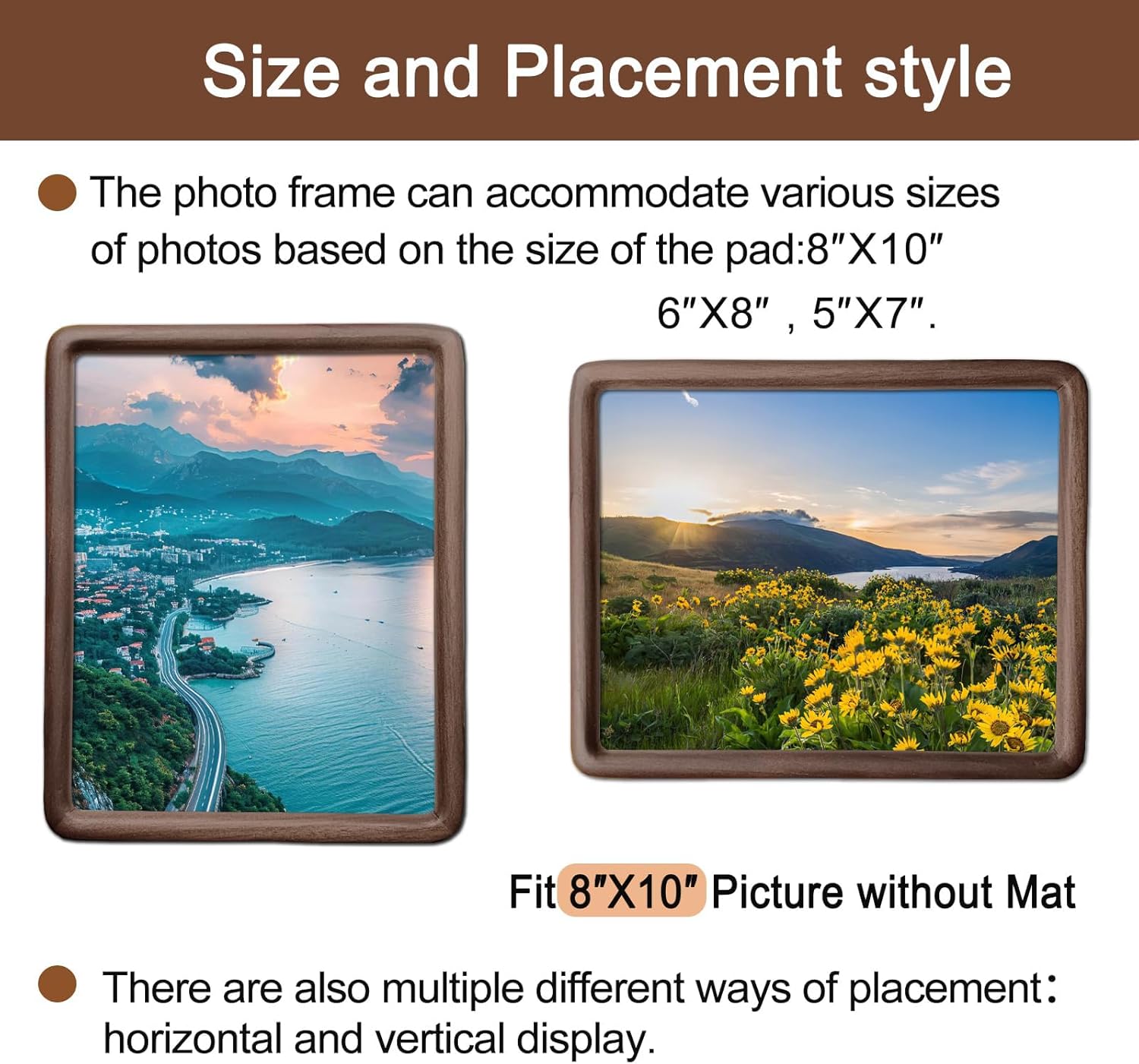8x10 Natural Dark Walnut Solid Wood Picture Frames, Hand Make Crafted Original Wood Frame with Mat to 6x8,Rounded Edge Wooden Photo Frame, For TableTop and Wall Decoration