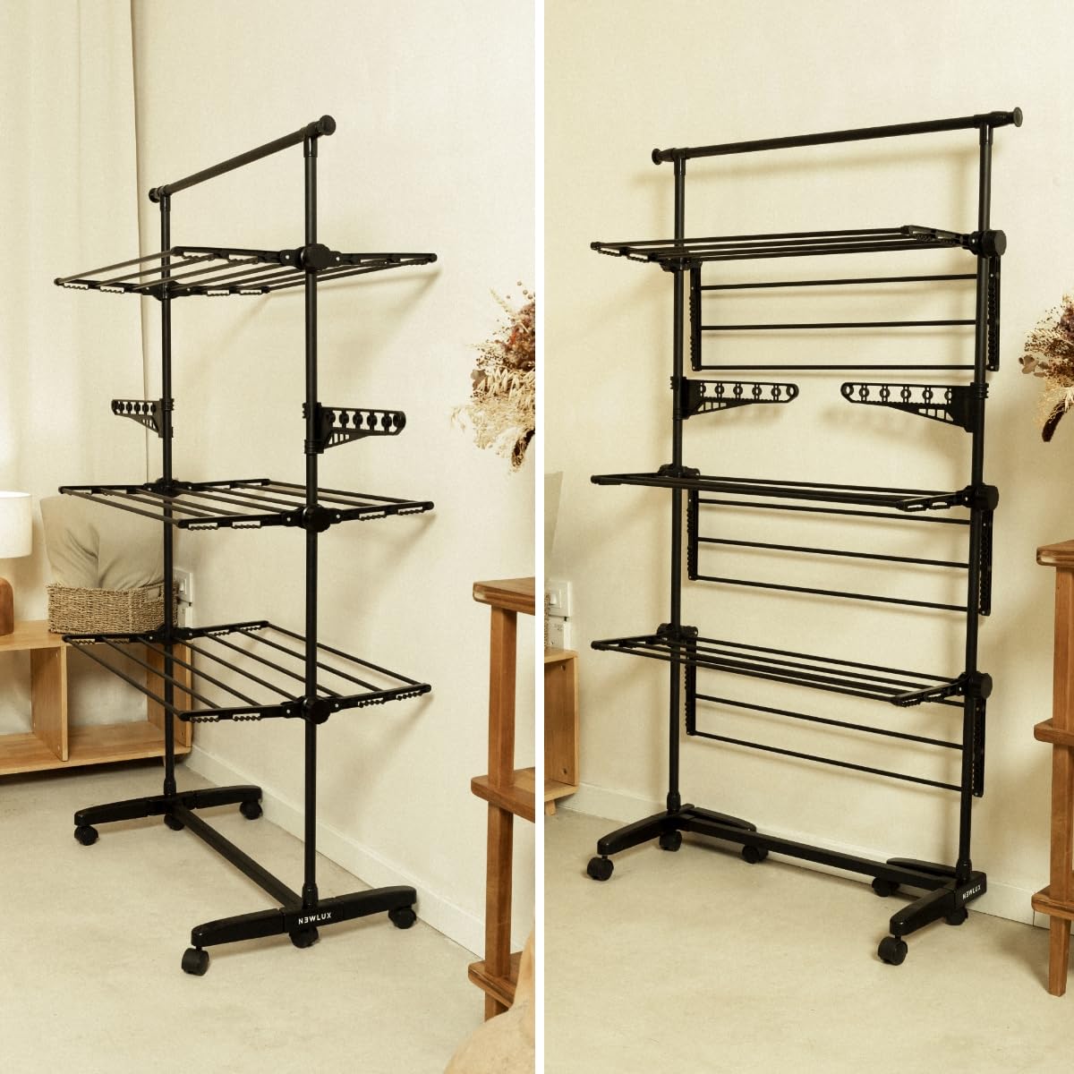NEWLUX- Wäscheständer ausziehbar Fold Care V60 XXL Schwarz mit Rollen, 5 Doppelebenen und 18–21 m Wäscheleine. Clothes Drying Rack mit Halterung für Kleiderbügel und 1,5 m Lange Kleidungsstücke