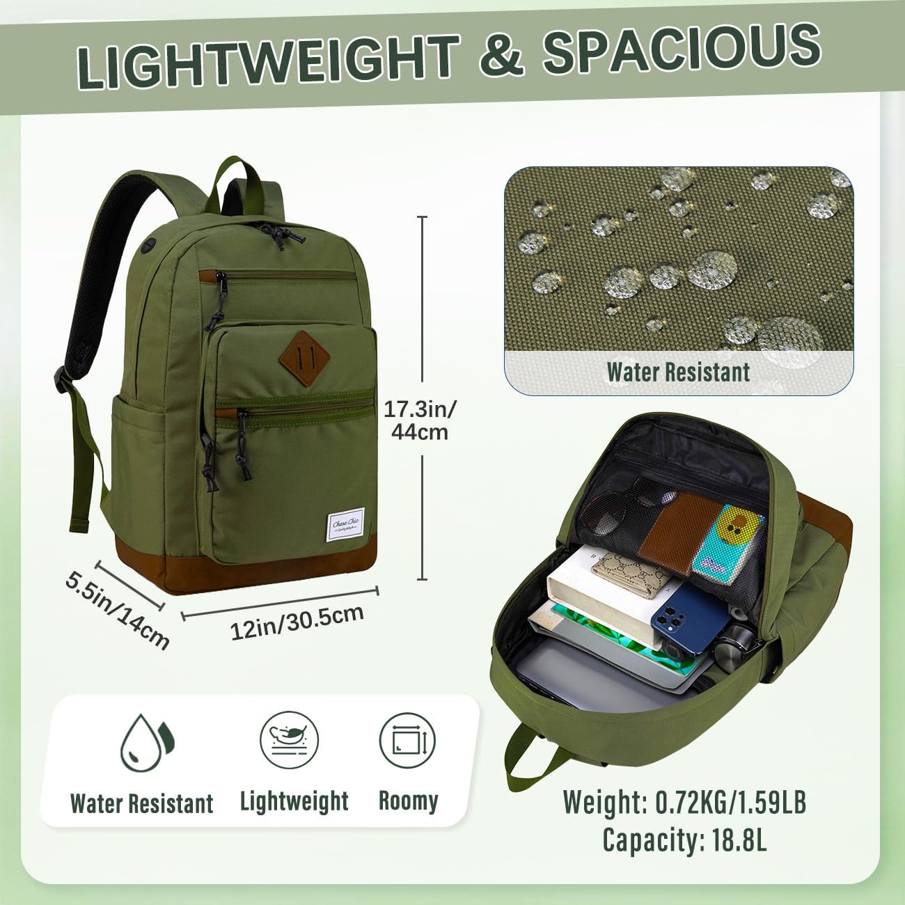 Chase Chic School Backpack for Men Women,Water Resistant Bookbag/Schoolbag/Daypack for Teen Boys Girls High School,College,Work,Travel Green