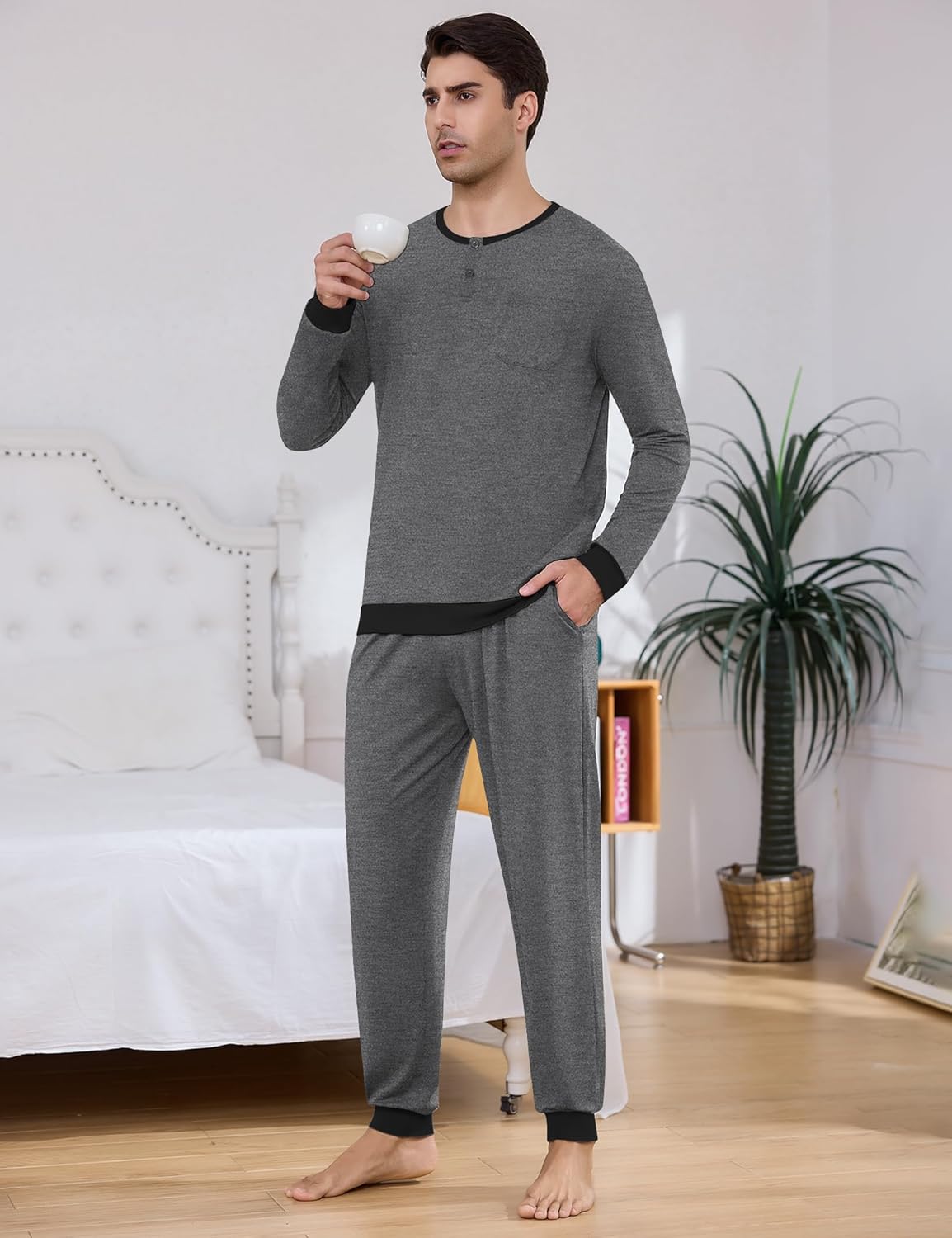 Sykooria Mens Pajamas Set Long Sleeve Soft Sleepwear Cozy Loungewear 2 Piece Comfy Plaid Pjs Set with Pockets - Image 4