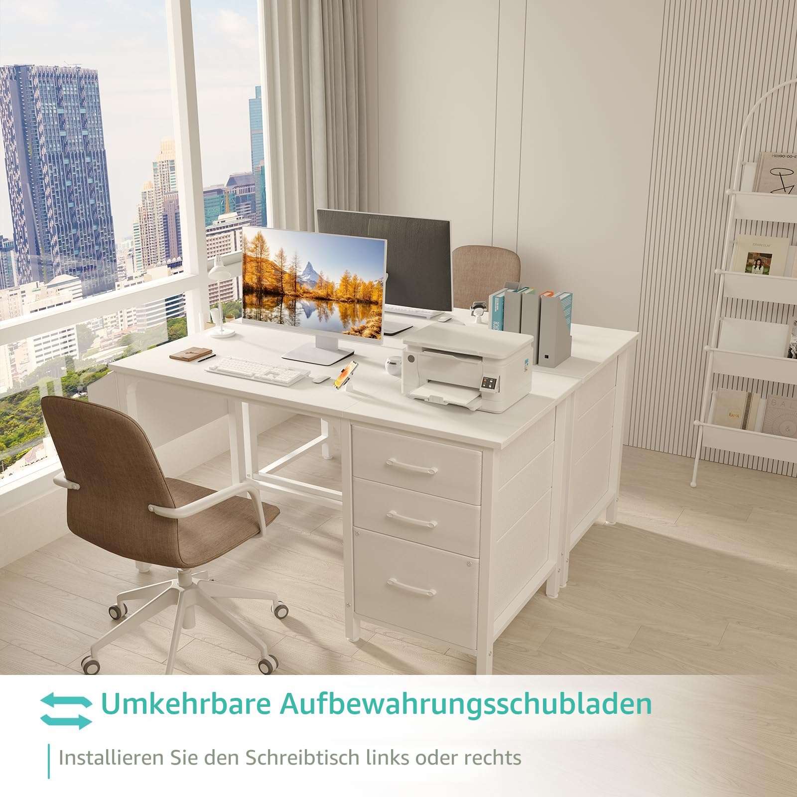 Lufeiya Schreibtisch mit 3 Schubladen Klein Schreibtisch weiß 120x50cm Computertisch mit Stauraum Bürotisch Für Wohnzimmer Office Mädchen