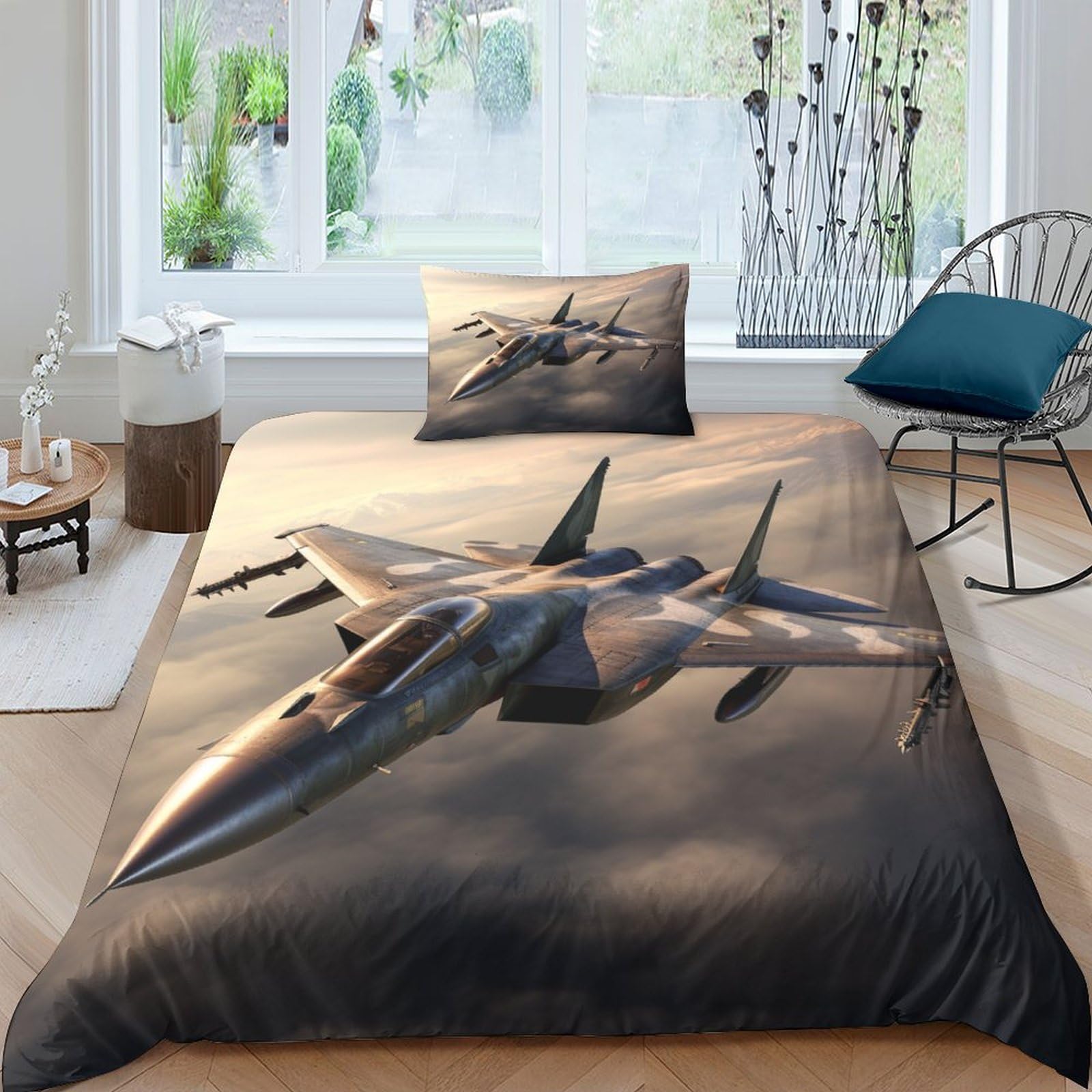 AAHARYA Fighter Jet 3D Printed Design Duvet Cover Set,Soft Microfiber,with Pillowcases,Hidden Zipper,Fighter Planes Bedding Set Single（135x200cm）
