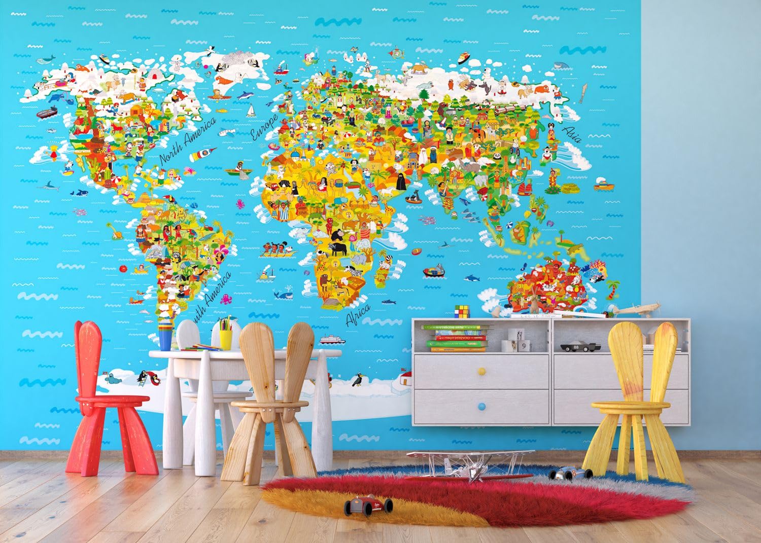 Sanders & Sanders fototapeta mapa świata dla dzieci niebieskim,żółtymIbiałym 360 x 254 cm