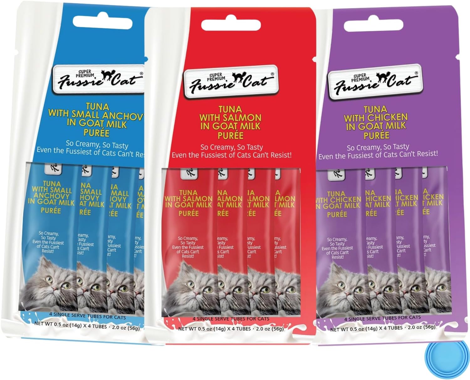 Fussie Cat Premium Puree Lickable Cat Treats, Goat Milk, Tuna Variety Pack, 12 Tubos