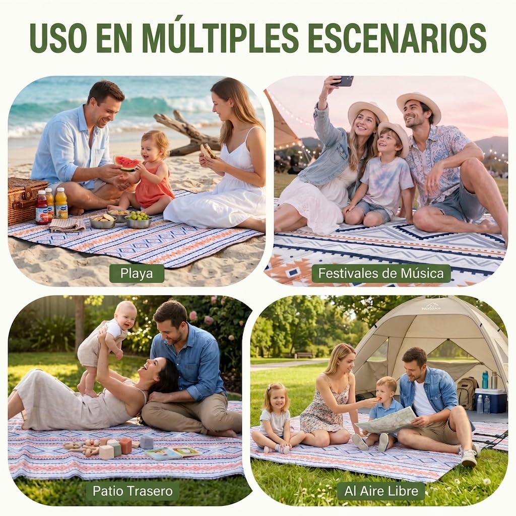 Wolfwise Manta Picnic Impermeable, Grande Mantel Camping 200x200 cm Pliable con Sangles Réglables et Bandoulière, Picnic Blanket para Playa, Jardín, Camping, Viajes y Senderismo, Azul
