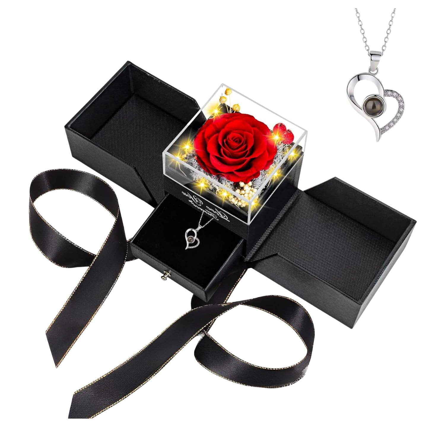 Zirsh Red Preserved Real Rose With 'I Love You' Necklace, Box Handmade Eternal Rose Flower Gifts For Her Woman Wife Girlfriend On Birthday Anniversary Valentine's Day