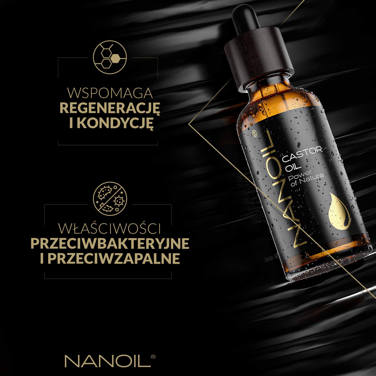 Olejek rycynowy Nanoil Castor Oil 50 ml – naturalny, zimnotłoczony i nierafinowany olejek do pielęgnacji włosów i twarzy, przyśpiesza wzrost rzęs, wzmacnia paznokcie