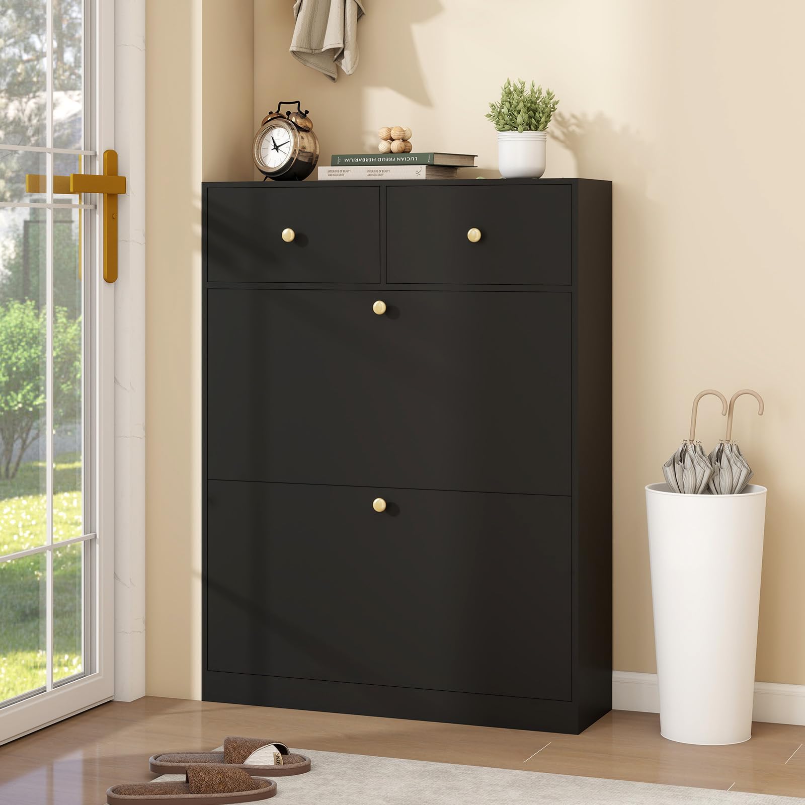 YOURLITE Schuhschrank Schmal,Schuhkipper,2 Klappen & 2 Schubladen,Schwarz | Platzsparender Schuhkipper Holz,Schuhkommode,Trennwand Verstellbar,für Flur,Eingang,Diele,Wohnzimmer,80x24x106cm