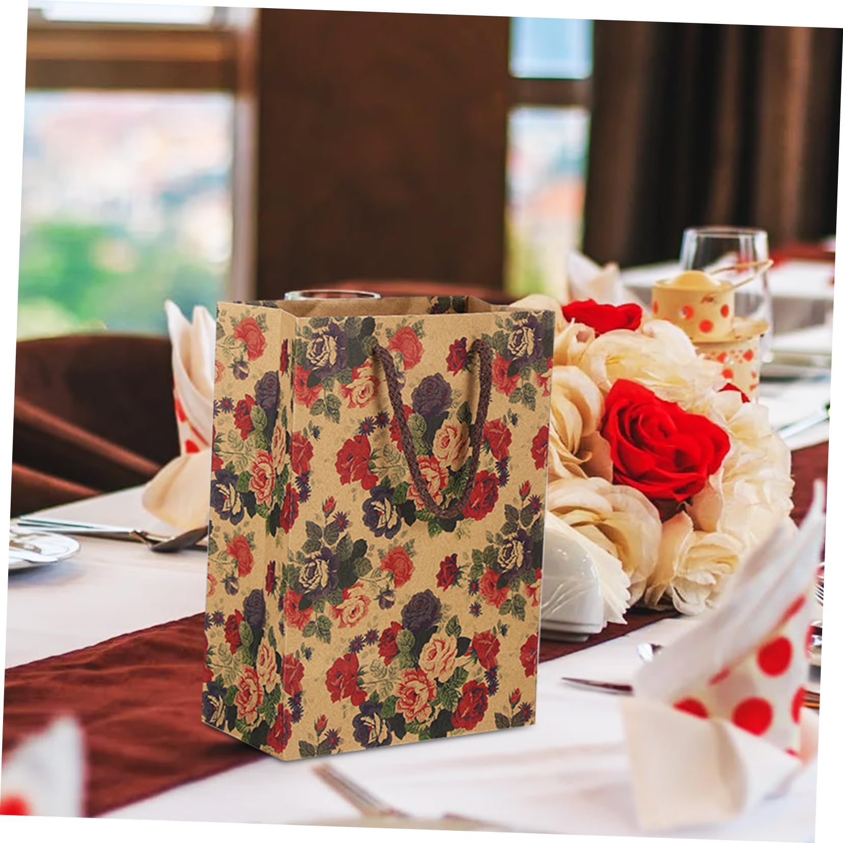 COLLBATH Geschenktüte Groß 40x30 Papiertüten mit Rosenmuster 12 Stück Kraftpapier Tragegriffe Stabilem Boden für Geburtstage und Einkaufen