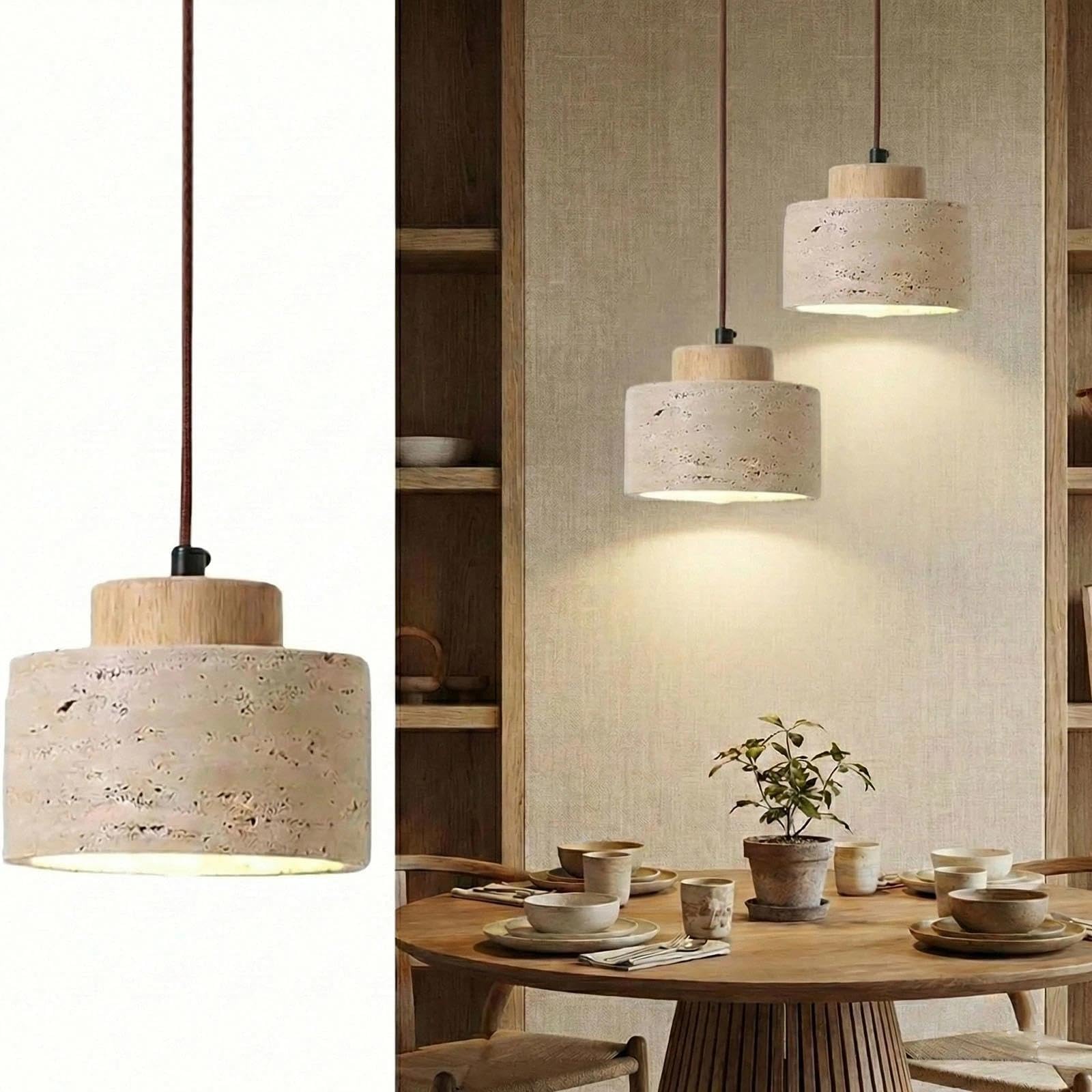 LYMSXAZOU Chandelier Ceiling Light, Natural Stone Cylinder Pendant Lights for Kitchen Island & Dining Room, Nordic Travertine Hanging Light with Wood Accents, Small E27 (Nature 1 Item,12X11CM)