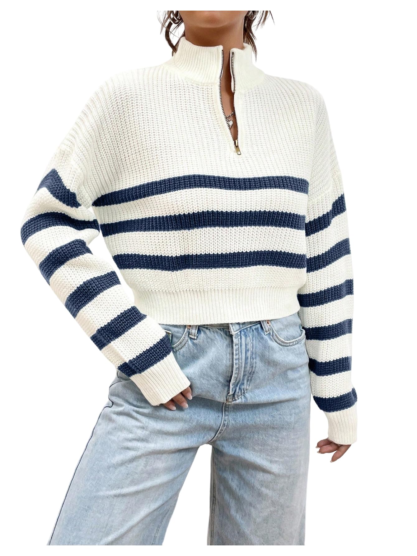 Verdusa Womens Half Zip Y2k Striped Crop Sweater Color Block High Neck Preppy Pullover Tops Streetwear
