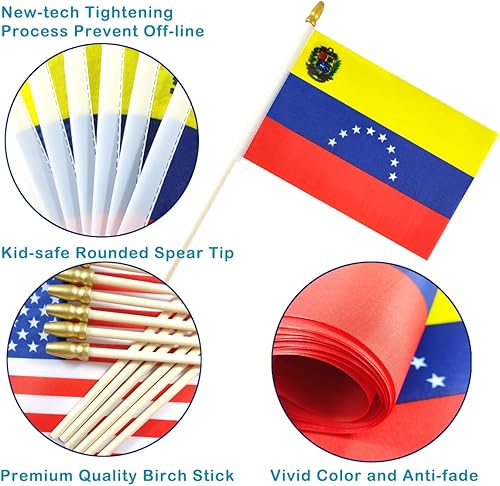 Miniatura 3 de Newperlite Banderas venezolanas pequeñas de mano – Poste de madera maciza y parte superior de lanza de Venezuela, paquete de 12, 5 x 8 pulgadas
