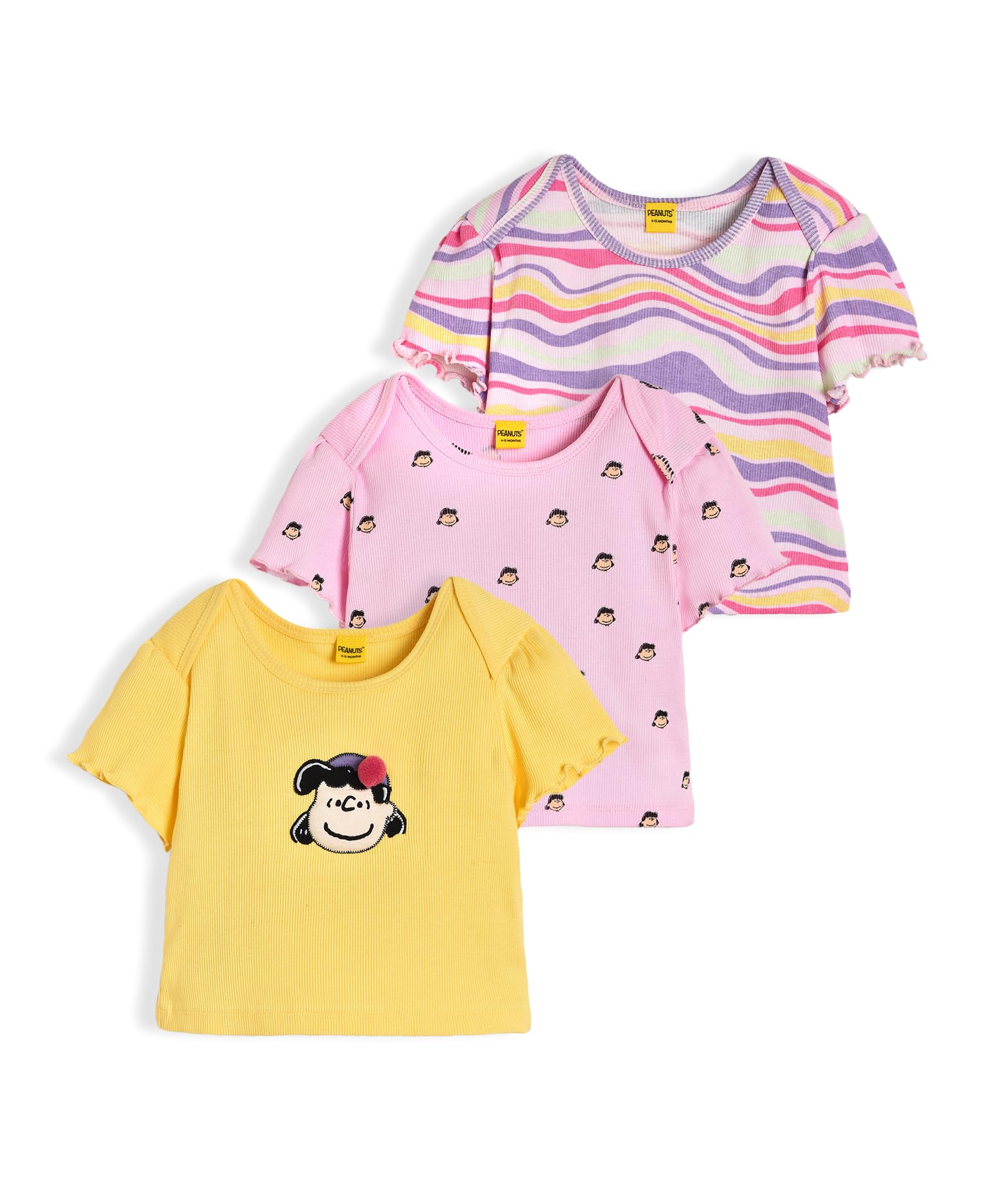 Mi Arcus Peanuts Snoopy Printed Cotton Multicolor Tops for Baby Girls Kids Pack of 3