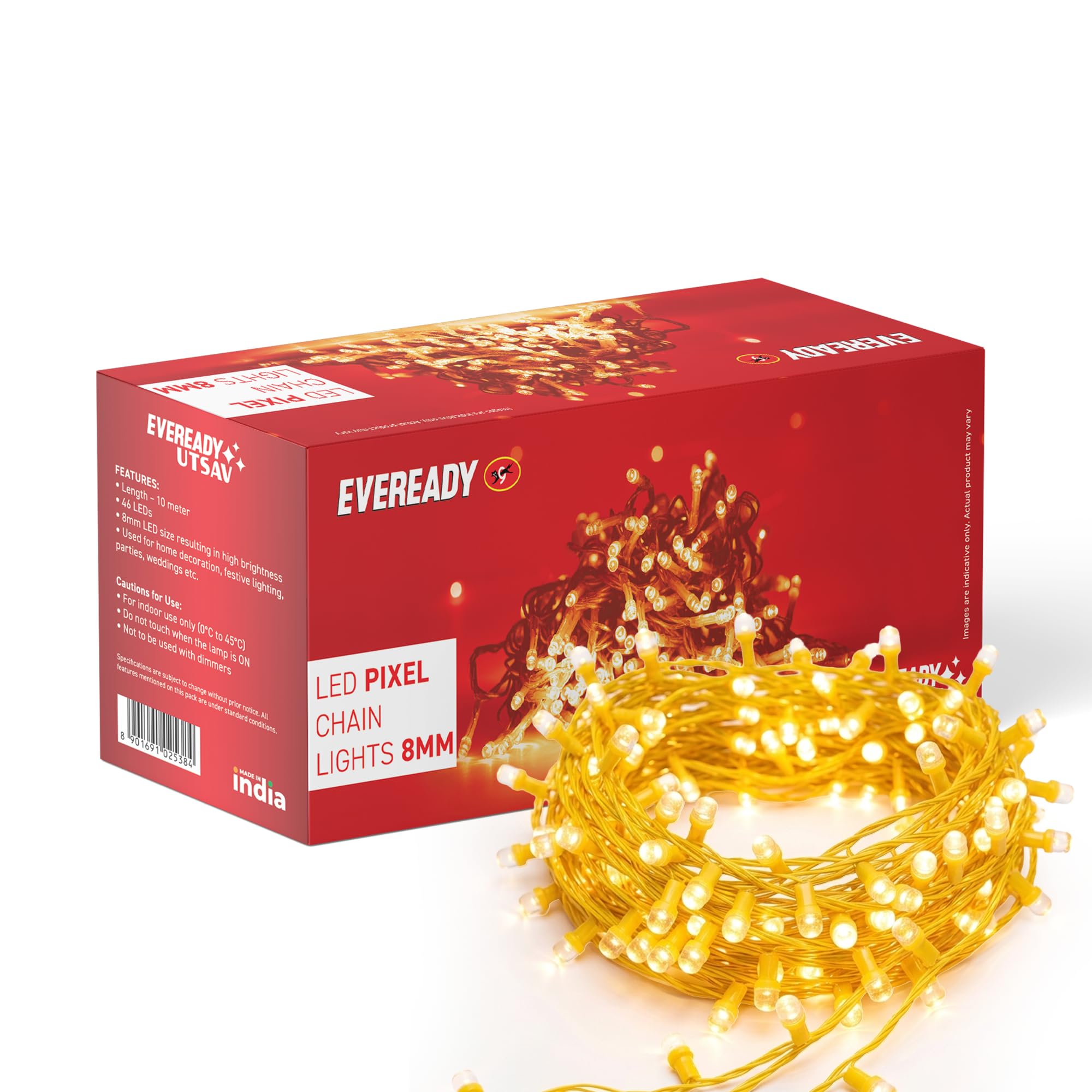 EVEREADY UTSAV, 33 FEET LED Pixel Lights, 46 Big 8MM LEDs, BIS Approved, Ultra Bright Home Decoration Ladi String Lights for Ganpati, Diwali, Christmas, Festivals, Warm White, Pack of 1