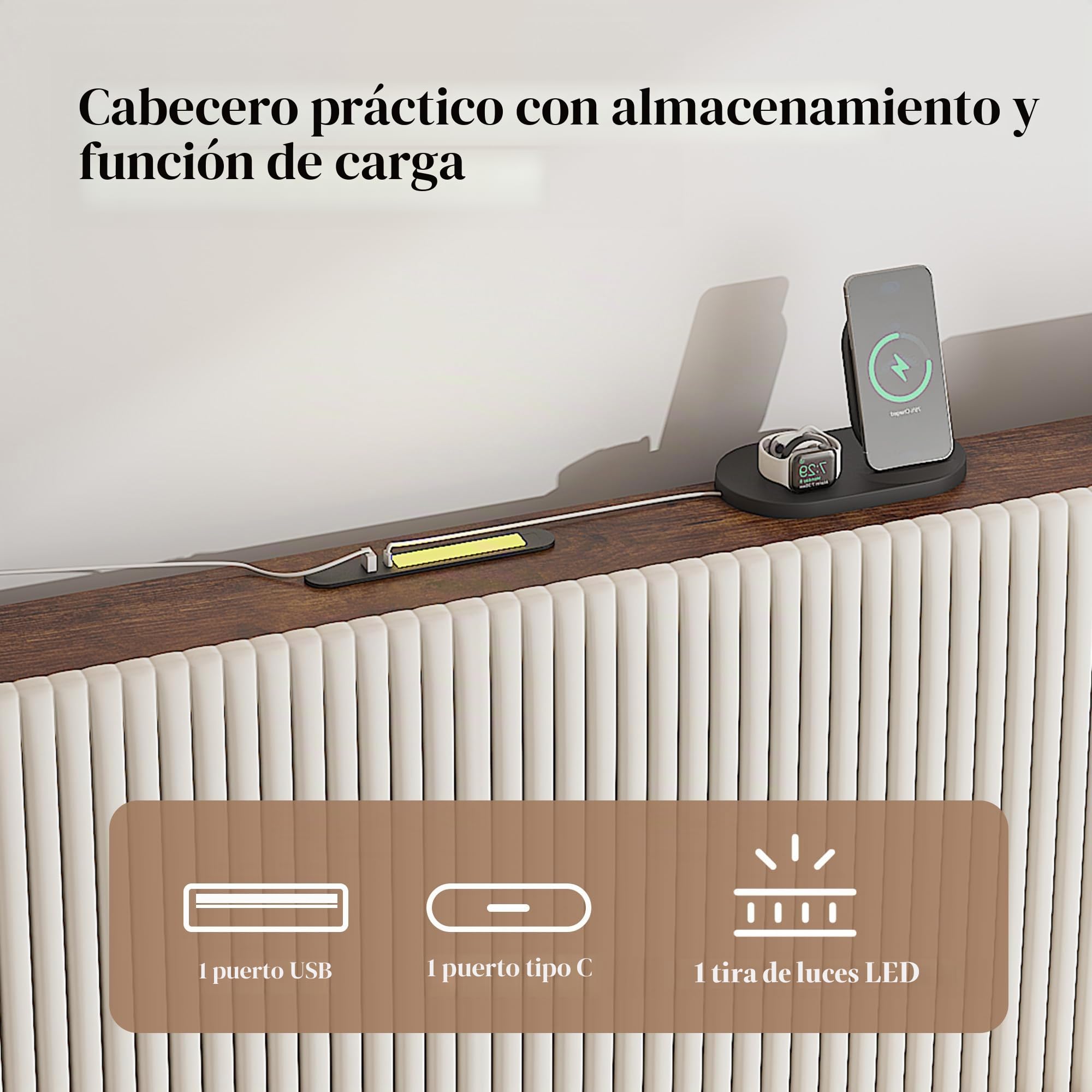 OKMYHOME Cama Tapizada 180x200 cm, Cama Doble Grande con LED y Puerto USB Tipo C, Estructura con Somier de Láminas de Metal, Tela Acanalada, Beige, Sin Colchón