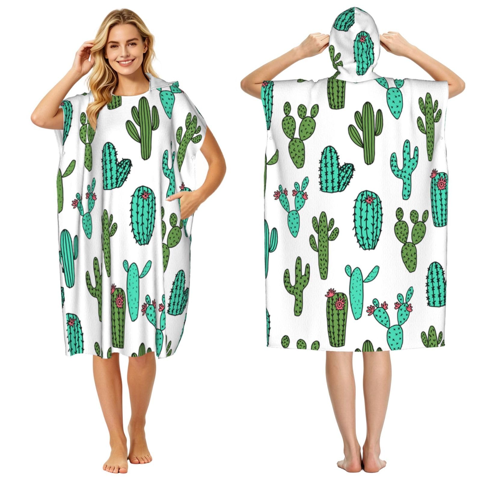 Poadnly Cactus Cacti Cactus Design, Adult Hooded Beach Towel 90 x 110 cm,Changing Bath Robe, Surf Poncho Towel For Women Men