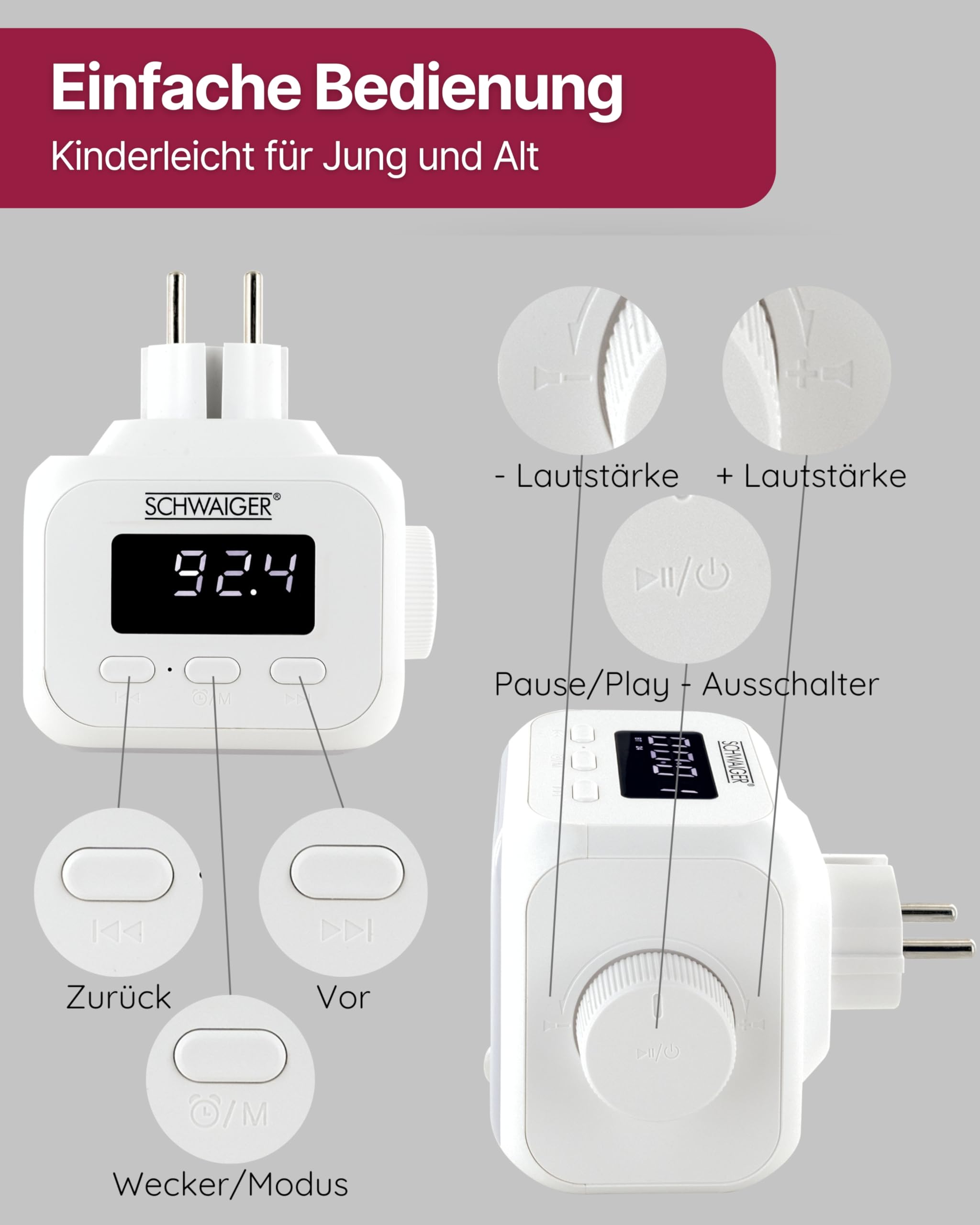SCHWAIGER Steckdosenradio I Radiowecker für kabellose Musik I mit Lichtsensor & Beleuchtung I UKW-Radio mit Bluetooth 5.2 I Uhrzeitangabe & Weckerfunktion I für Badezimmer, Küche & Schlafzimmer