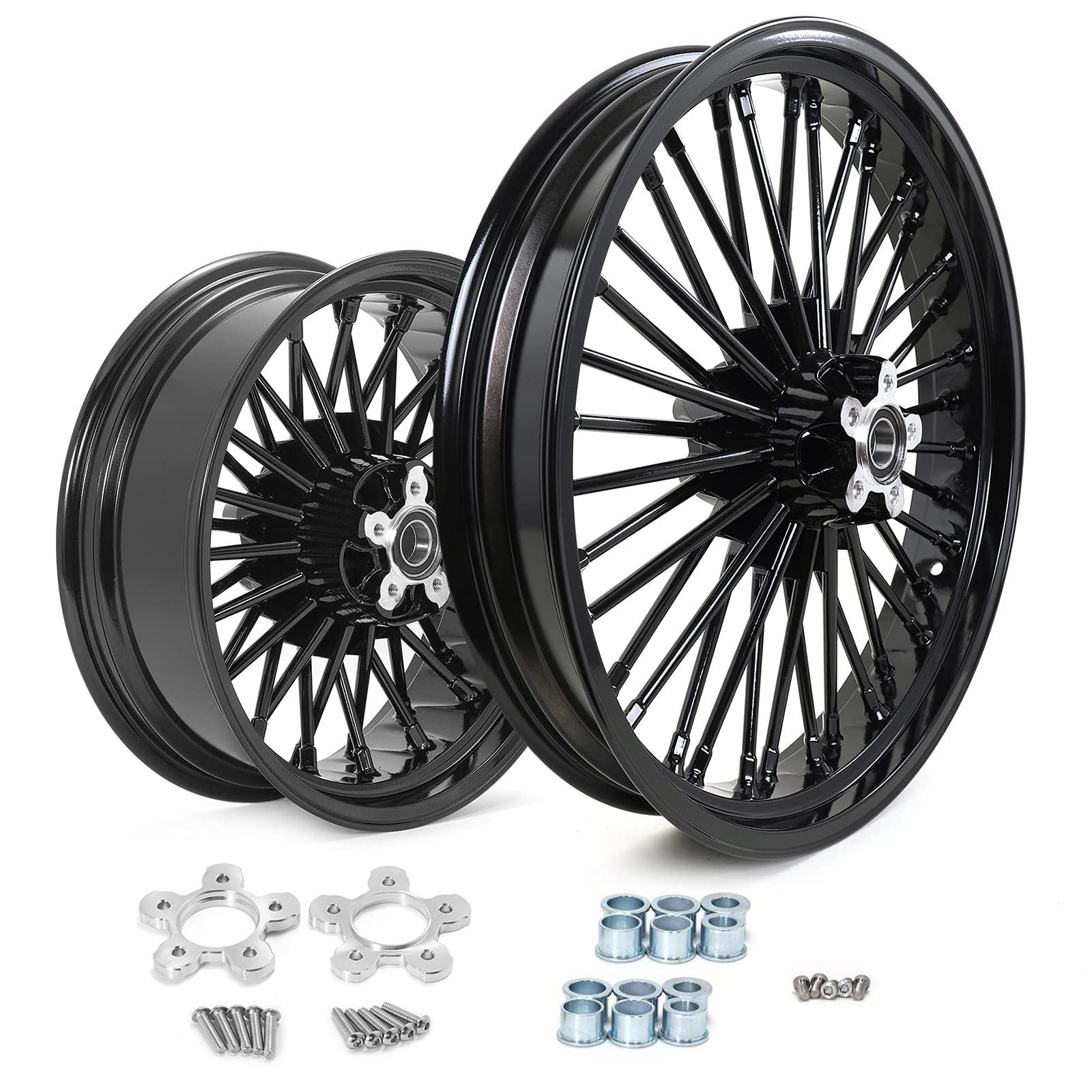 TARAZON 21x3.5 16x5.5 Black Front Rear Fat King Spoke Wheels Rims for Harley Touring Baggers Street Glide, Road Glide, Road King, Ultra Limited 1984-2008, w/bearing reducers and rotor pulley spacers