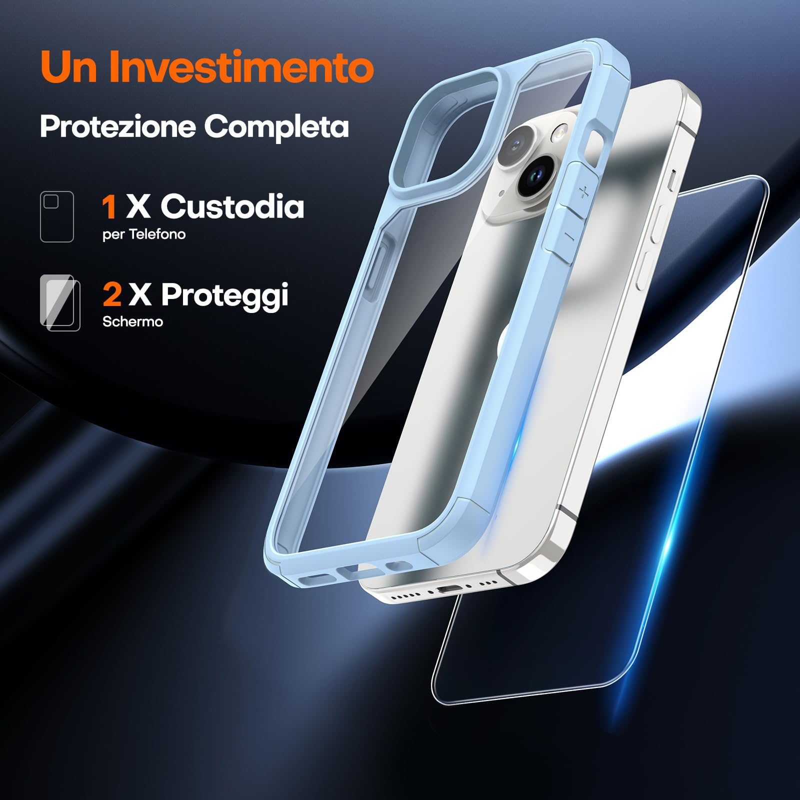 TAURI Cover per iPhone 15, [3 in 1] 1 Custodia[Senza Ingiallimento] con 2 Pellicole Vetro Temperato, [Protezione Antiurto Militare] Sottile Antishock, Anticaduta- Blu