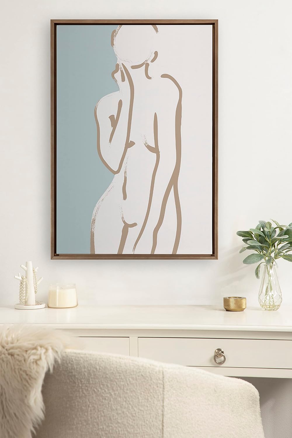 Kate and Laurel Sylvie Simple Romantic Line Art Drawing 2 Tan and Teal Framed Canvas Wall Art by The Creative Bunch Studio; 23x33 Gold; Modern Abstract Body Line Drawing Wall Decor