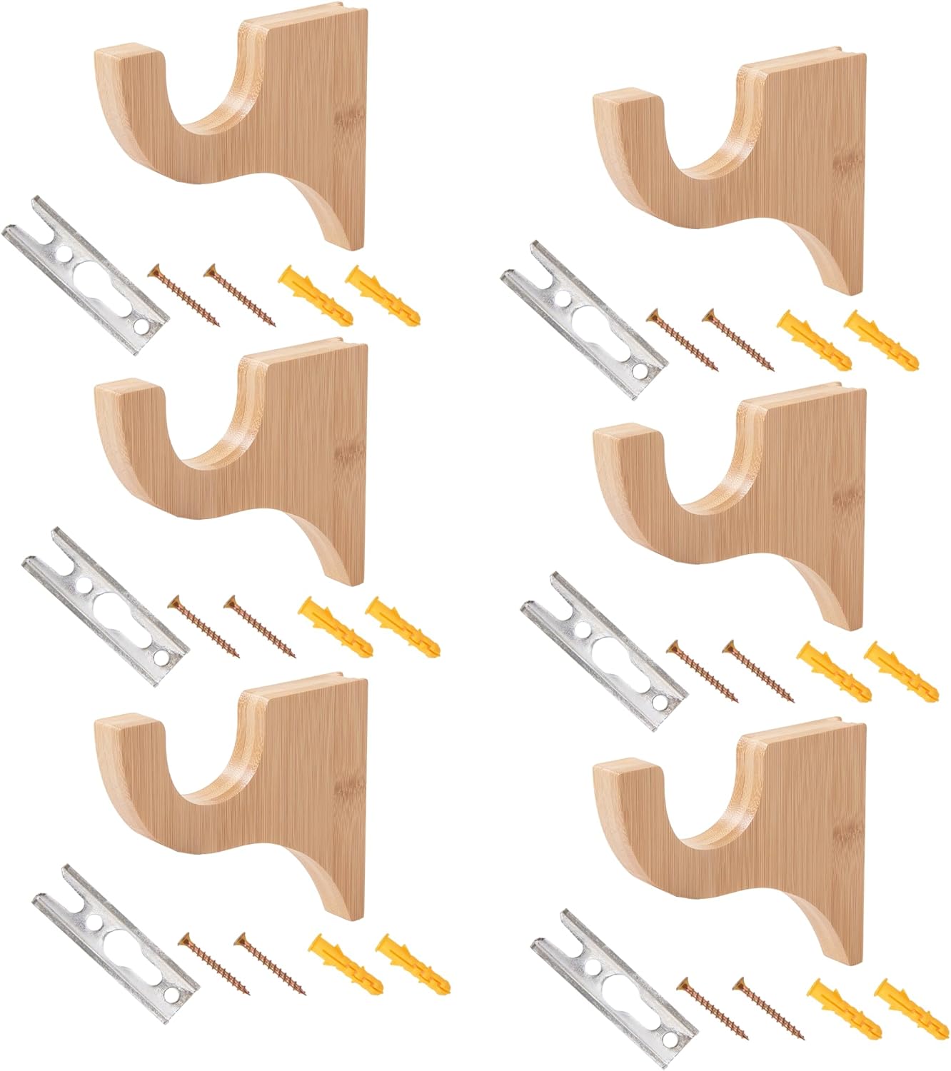 6 Pack Curtain Hooks for Wall, Wooden Shower Rod Holder with Mounting Hardware, Shower Curtain Rod Holder for Bathroom, Bedroom, Livingroom, Kitchen, Farmhouse