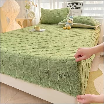 ADovz Plush Bed Sheet Set, Wrinkle Resistant, Warm, Soft Fleece Sheets with Elastic Around Winter Warm Fuzzy Bottom Sheet with Pillowcases,Bed Sheets, Queen, Green, FH-762