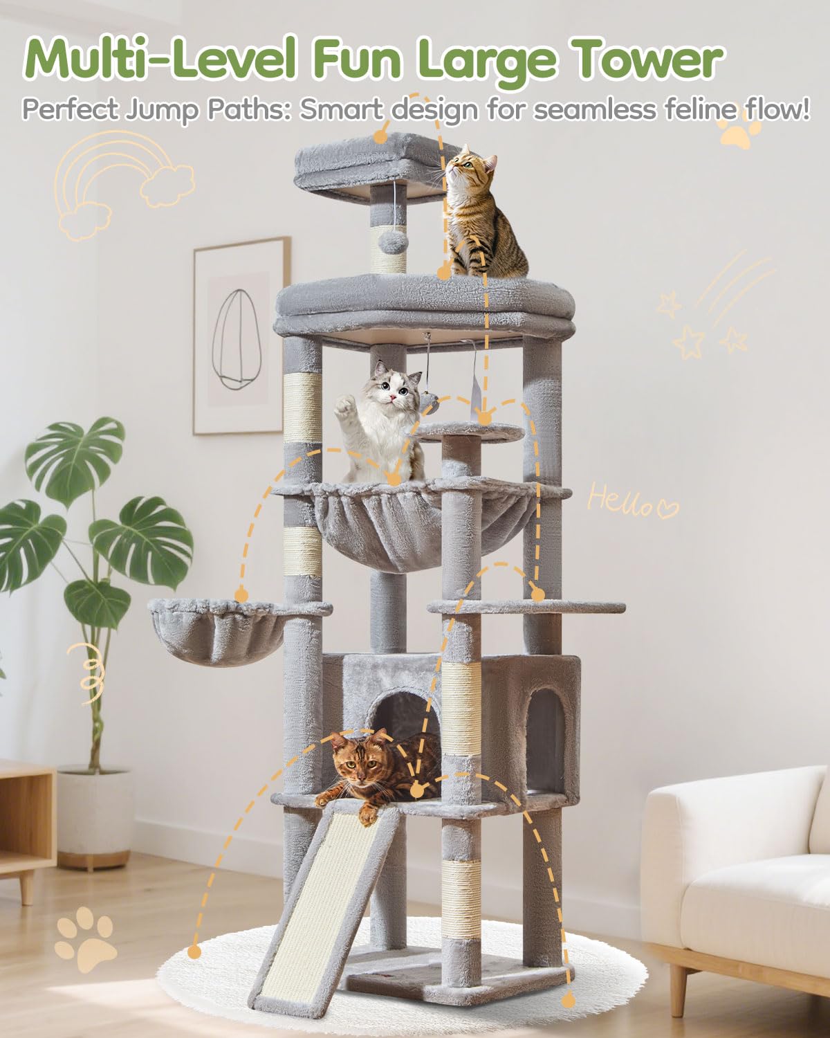 Taoqimiao Árbol para Gatos Grandes 183 cm, Árbol Rascador Multinivel con Cabaña Ancha, Panel Rascador Grande, 5 Postes Arañadores, Hamaca Metálica y Cesta Cómoda, MS045W Gris Claro