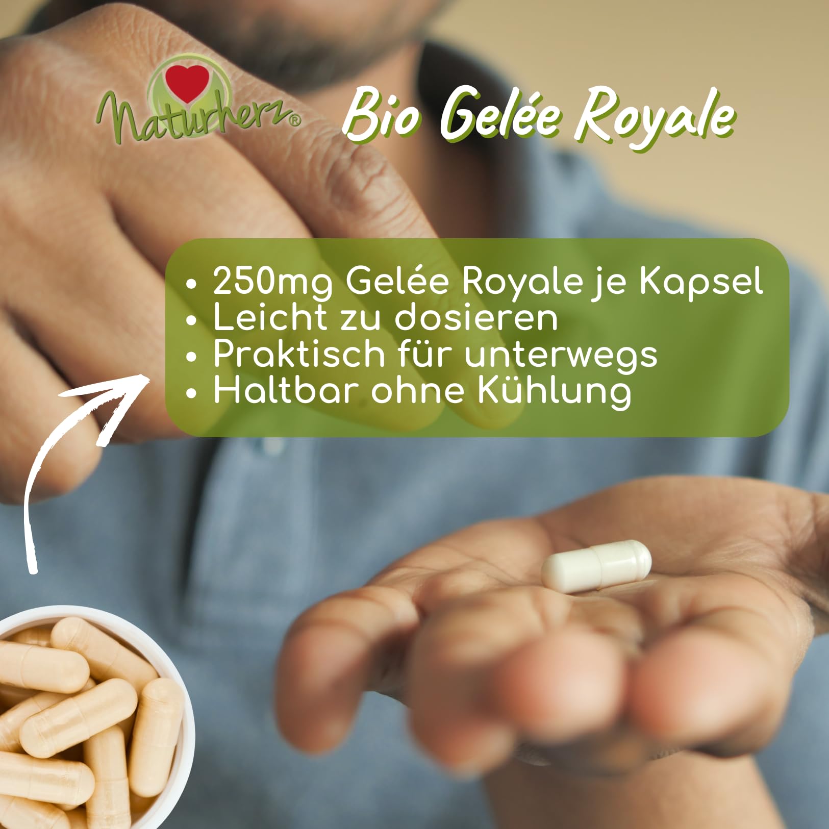 Bio Gelee Royal Kapseln von Naturherz | 100% Gelee Royal Pulver | OHNE Zusätze | 90 Vegi-Caps im praktischen Braungläschen