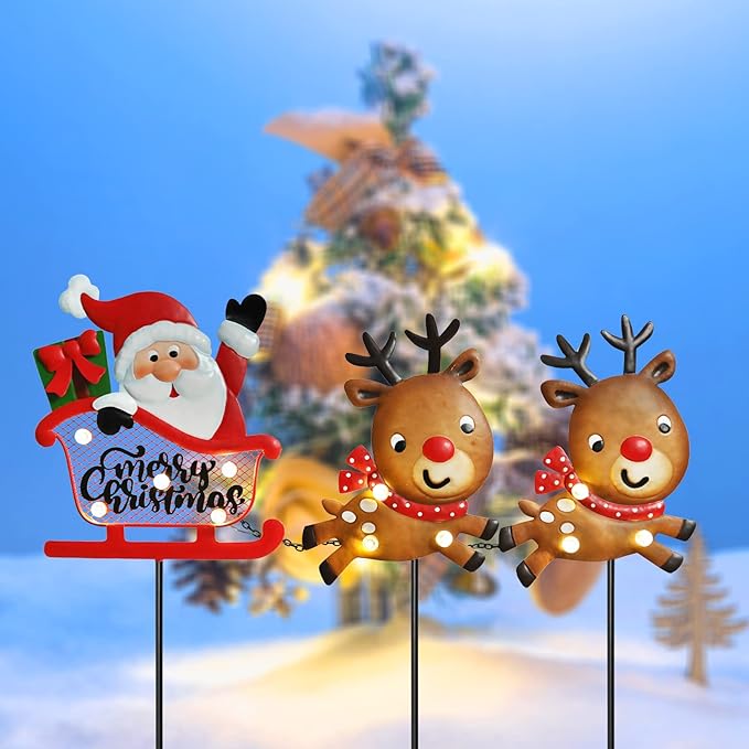 Outdoor Christmas Decorations, 3 Pack Yard Sign Yard Stakes Santa with Two Elks