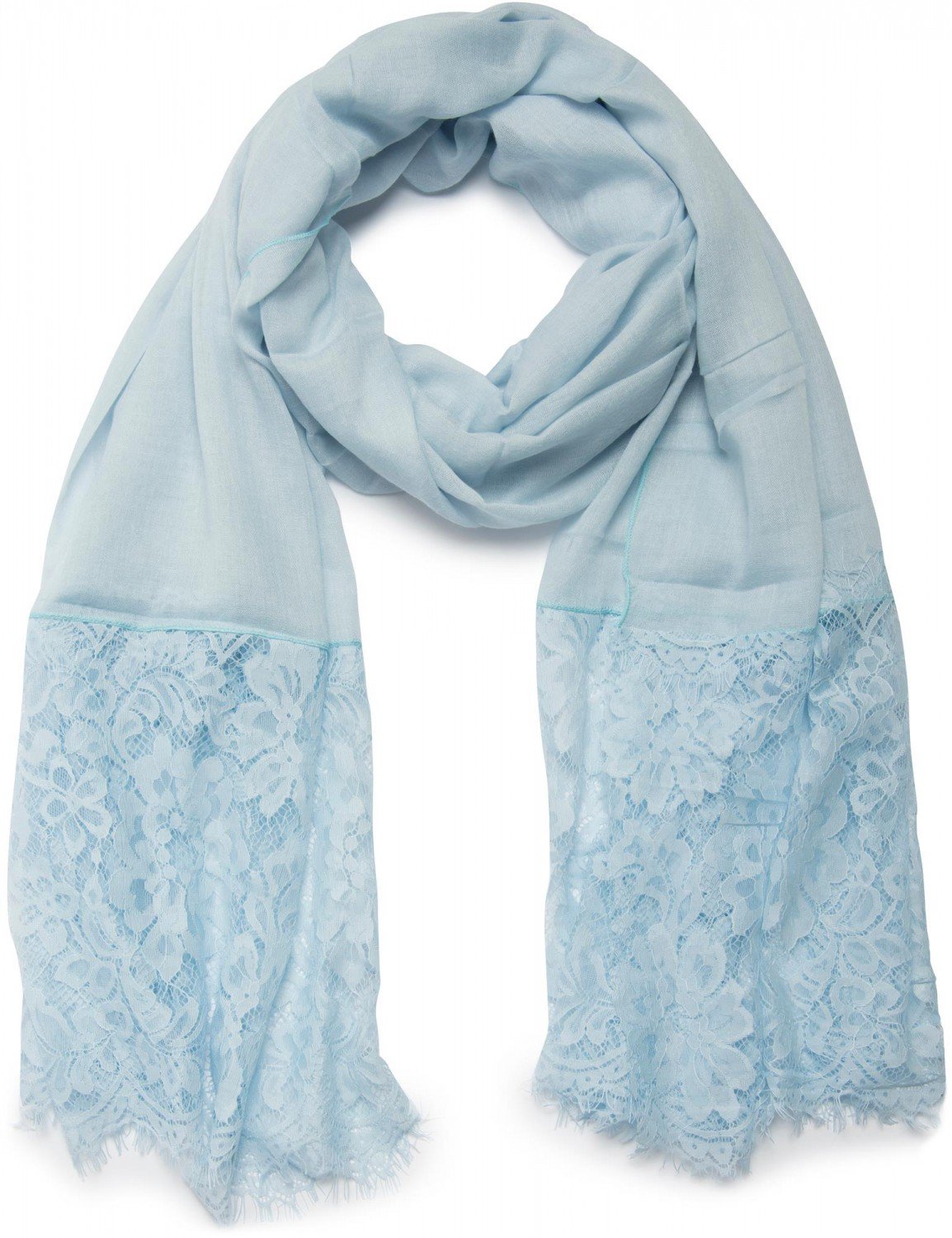 styleBREAKER Women's Scarf with Floral Lace, Flower Pattern and Fringes, Long Stole, Lightweight Shawl 01016112, Colour:Light Blue