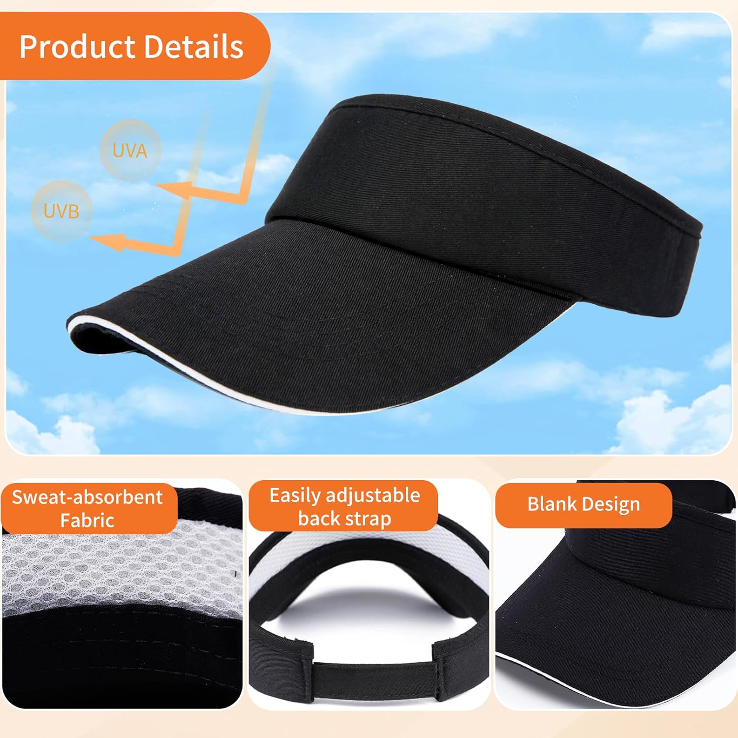 10 Pcs Sun Visor Hats,Adjustable UV Protection Caps,Unisex Visors,Empty Top Sun Visor Cap for Beach Tennis Baseball - Image 4