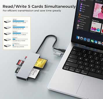 CFast Card Reader, USB 3.0 USB C CFast 2.0 Card Reader - 5 in 1 5Gbps Aluminum CFast Memory Card Adapter for Lexar, Transcend, Sony Card, Read 5 Cards Simultaneously for CFast/CF/SD/TF/XD Card