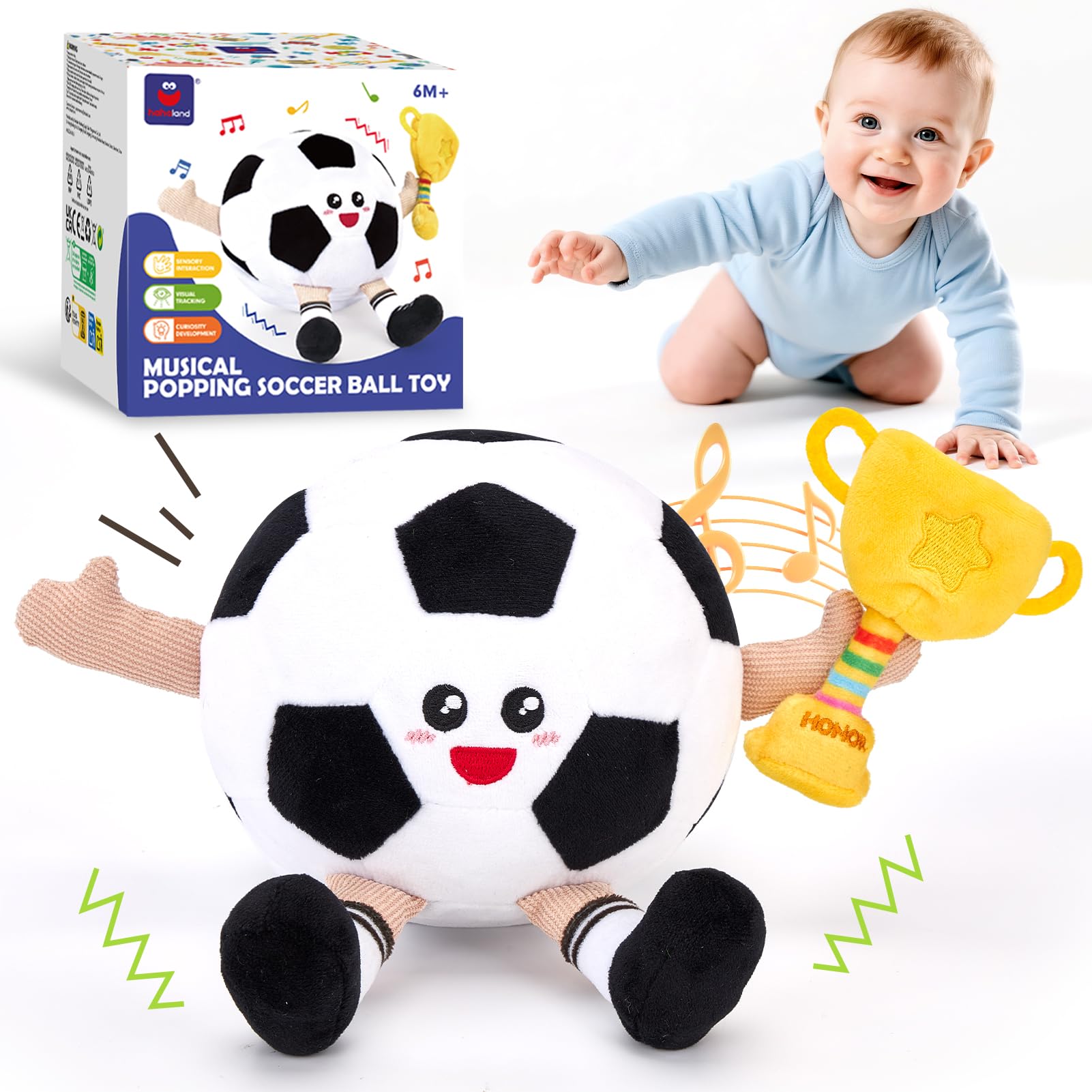 hahaland Giochi Neonato 3 6 9 Mesi, Peluche Calcio Giocattolo Interattivo con Musica e Registrazioni, Gattonare Giochi Regalo Bambini 1 Anno