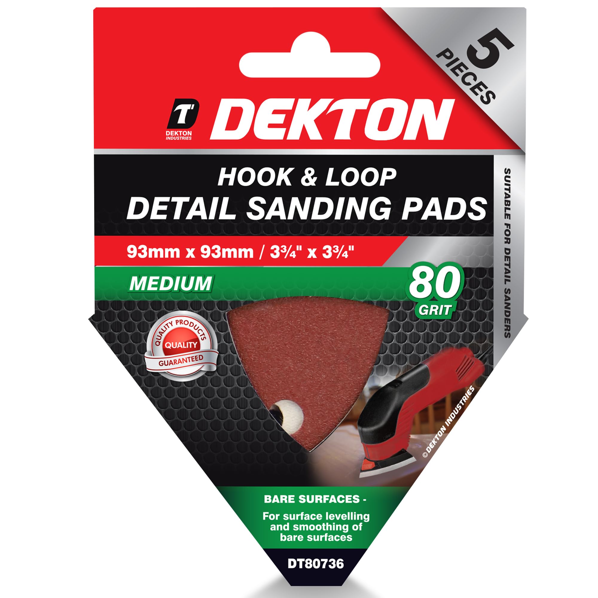 Dekton 5PC Hook and Loop Detail Sanding Pads 93mm/Extra Coarse - 80 Grit | Ideal for Detail Sanders | Multi-Surface Use on Wood, Metal, Plaster, Plastics & Paint | Heavy-Duty Sanding Performance