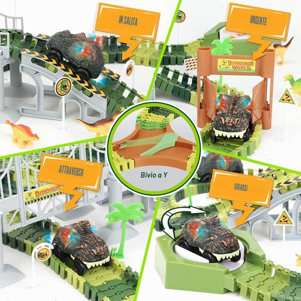 Mini Tudou Dinosauro Pista da Corsa 174 PCS Figure di Dinosauri Auto | Binari del Treno Flessibili con 8 Figure di Dinosauri, 2 auto Elettriche, con Luci, regali per bambini piccoli