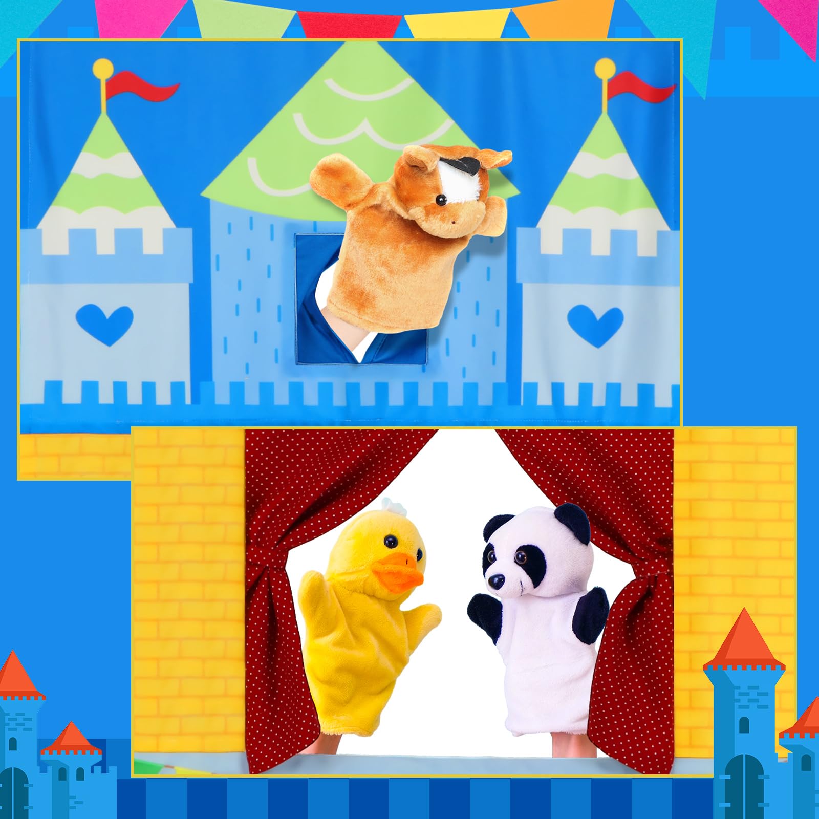 VitalCozy Doorway Puppet Theater with 2 Adjustable Rods Fits in Most Doorways 67 x 31 Inch Foldable Hanging Puppet Show Theater for Christmas Holiday Home (Castle Style)